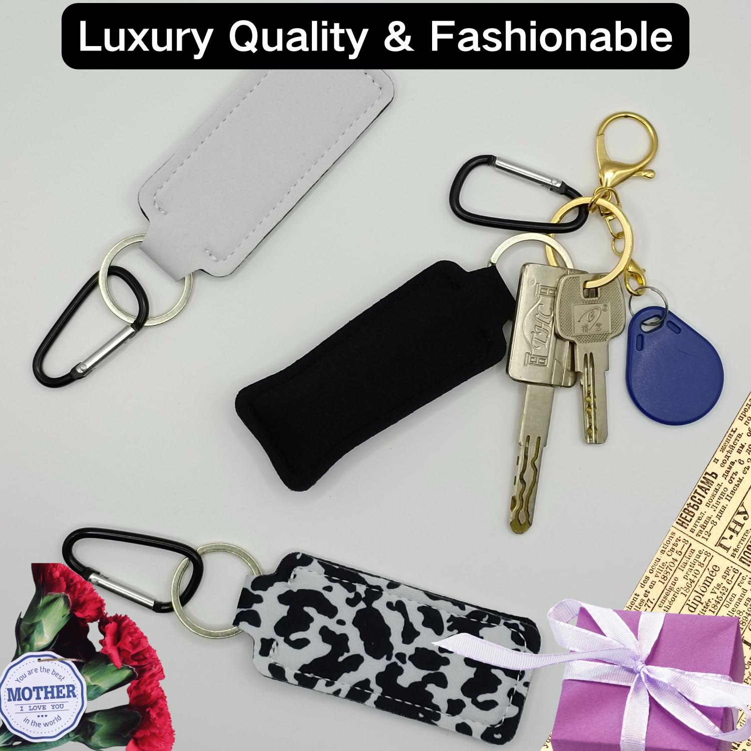 KUKEANVO Chapsticks Holder Keychain for Lipstick, Lip Balm Keychain Holder with Clip, Stocking Stuffers for Women (3pcs-Cow Black & White)