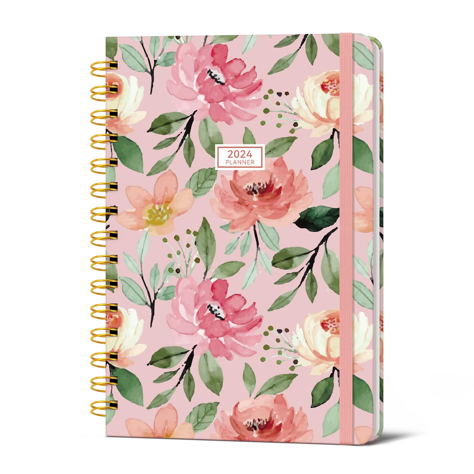 GETINK 2024 Planner Daily Weekly and Monthly for Women, Jan.2024 - Dec.2024, Hardcover Agenda 2024 Calendar Planner Book with Monthly Tab, Spiral Bound, Inner Pocket (7.5”×10”, Flower Pink-24 Year)