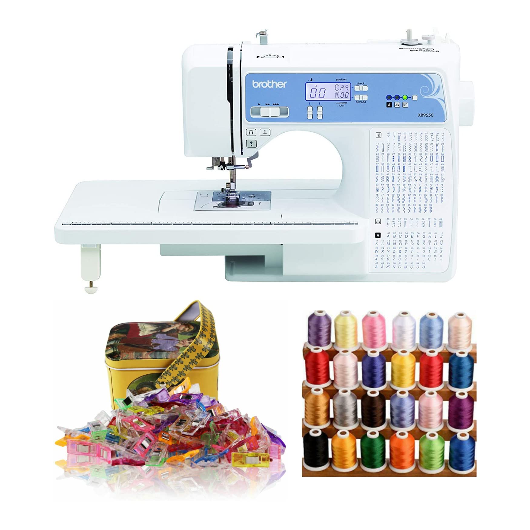 Brother XR9550 Computerized Sewing and Quilting Machine Bundle with Sewing Clips and Polyester Embroidery Sewing Thread (3 Items)