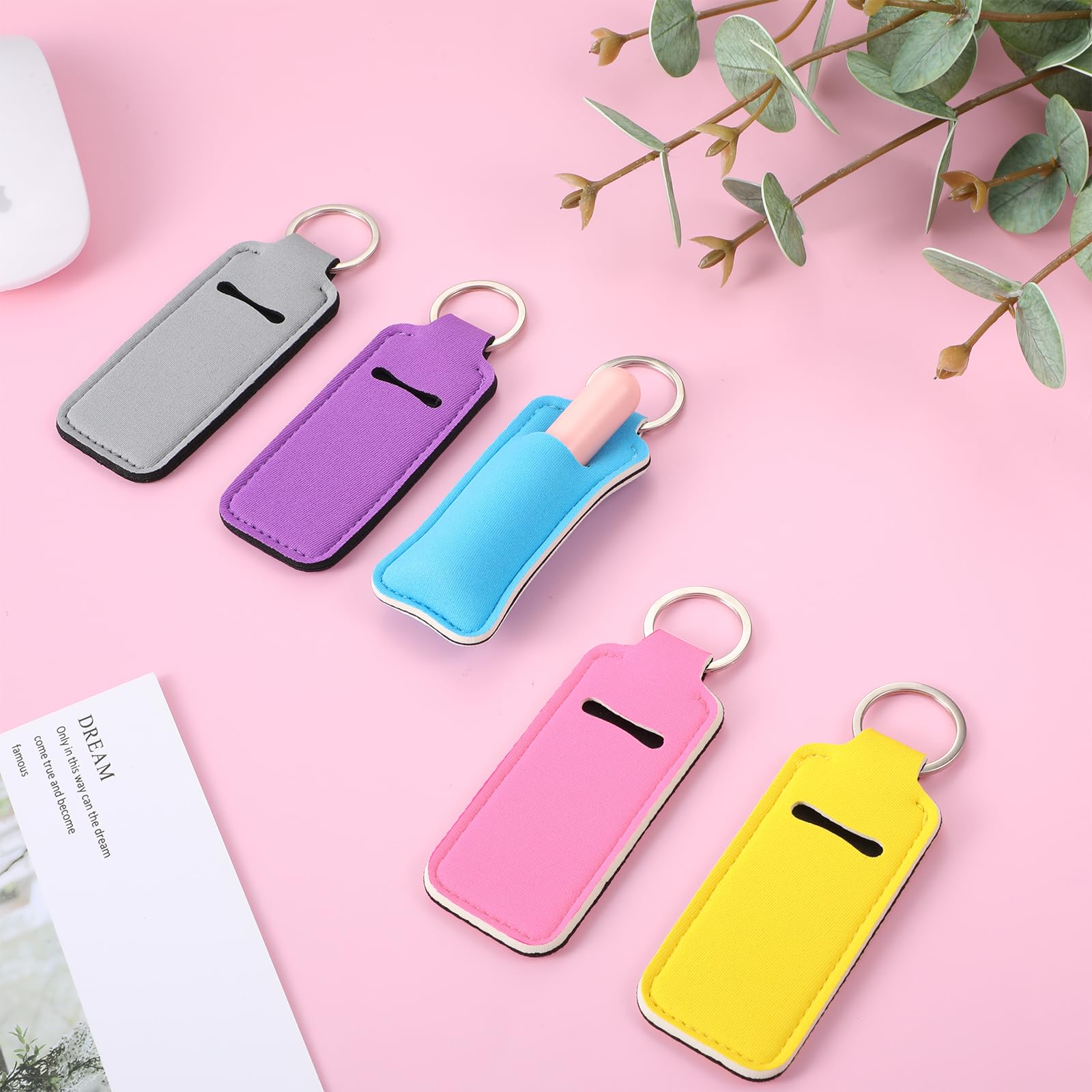 Teaaha 5PCS Chapstick Holder Key Chain Cute Lip Balm Holder Keychain Clip on Chapstick Lipstick and Lip Gloss Keychain Sleeve Holder, Stocking Stuffers for Women(Daisy Pink/Blue/Purple/Grey/Black)