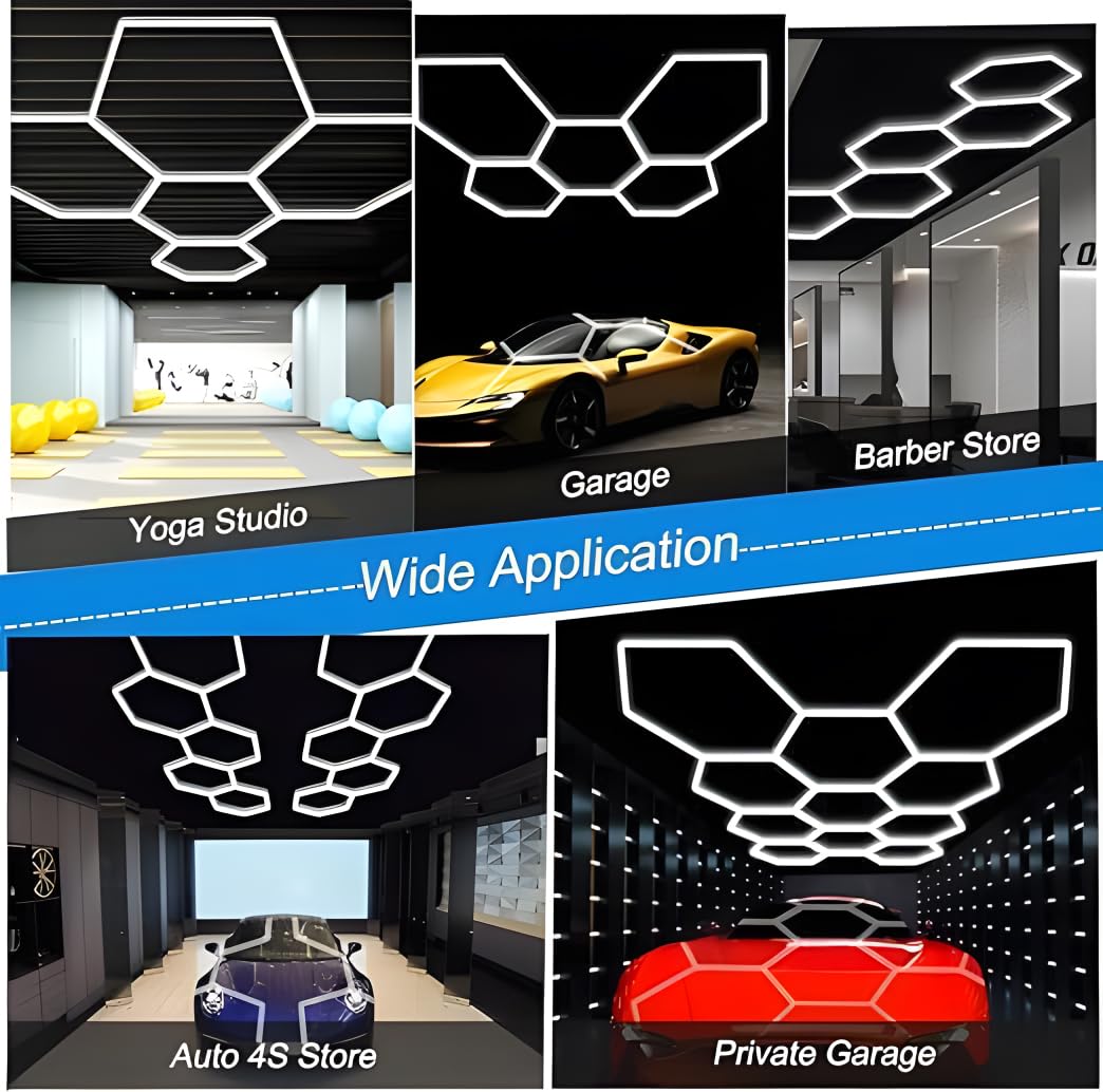 MUCLUD LED Hexagon Garage Light,Aluminum Frame Honeycomb Lights 8 Hexagon 380W 38800 Lumens Hexagon Garage Light with T5 Tube Rectangle 6000K for Garage,Auto Car Detailing Shop (35 Lights)