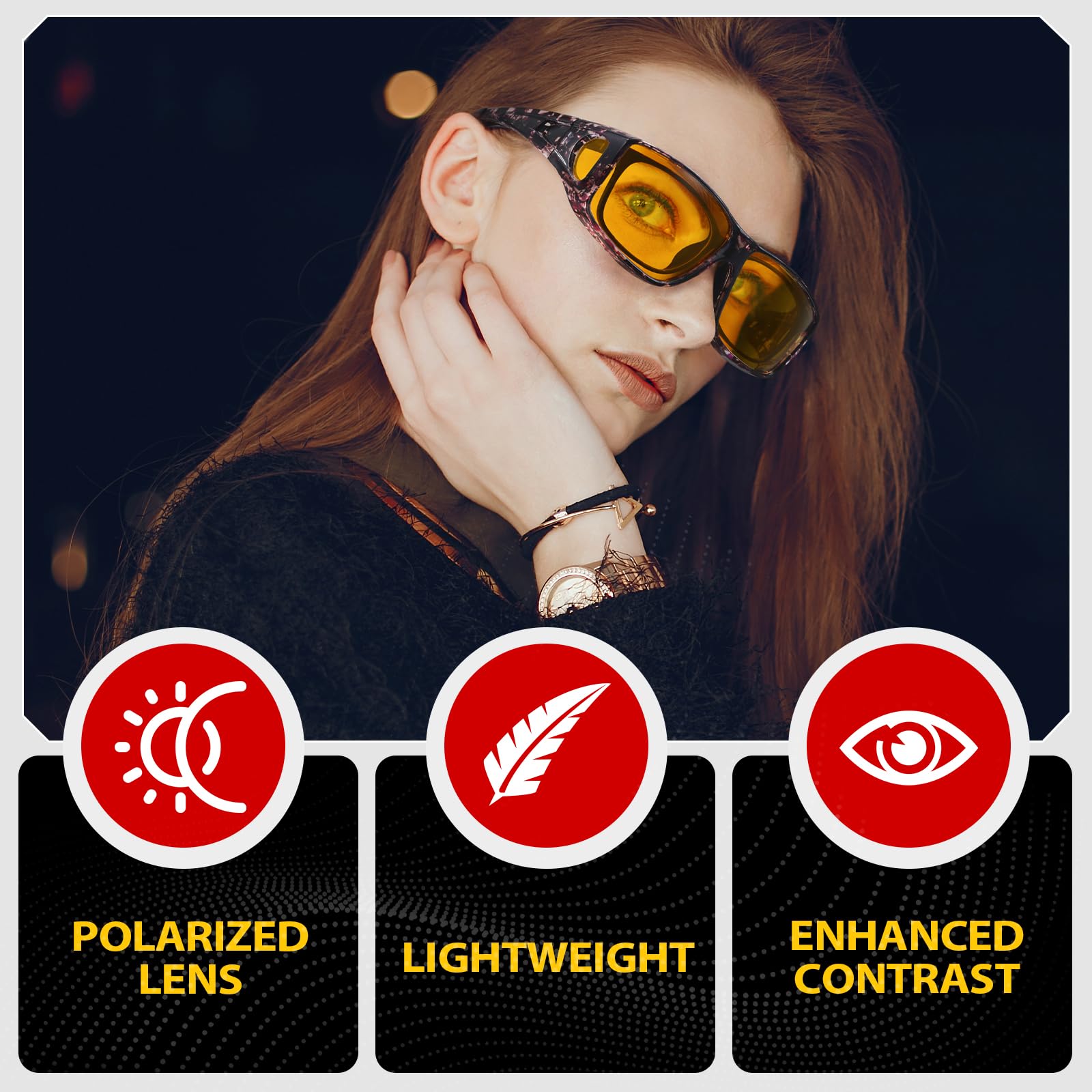 TJUTR Night Vision Driving Glasses Fit Over Glasses for Men Women, Anti Glare Polarized Nighttime Eyeglasses Yellow Lens