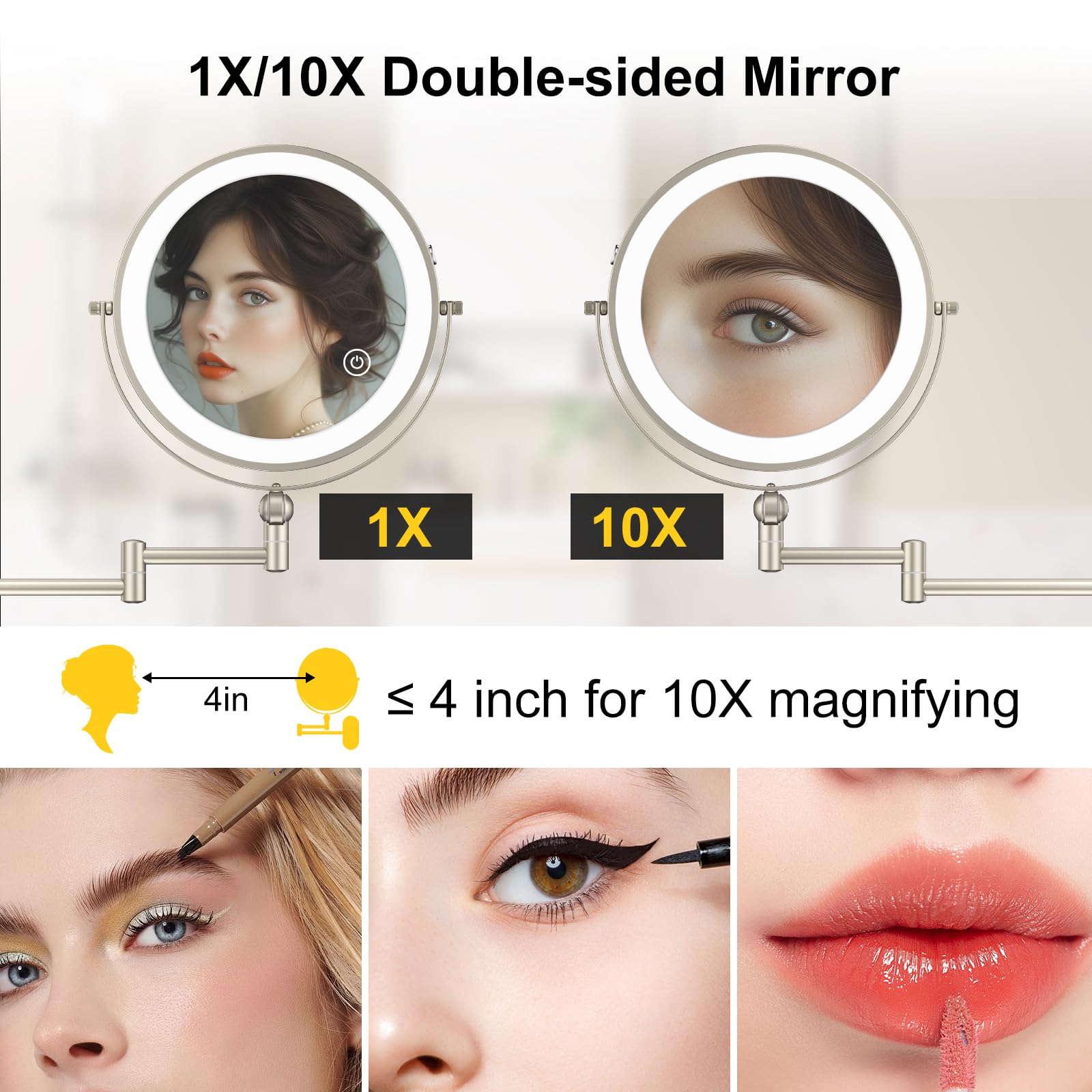 IMIKONA 9" Wall Mounted Lighted Makeup Mirror,4000mAh Rechargeable Double Sided 1X/10X Magnifying Mirror with Light,3 Color Lights,Touch Dimmable,Extended Arm 360 Rotation Wall Mounted Makeup Mirror