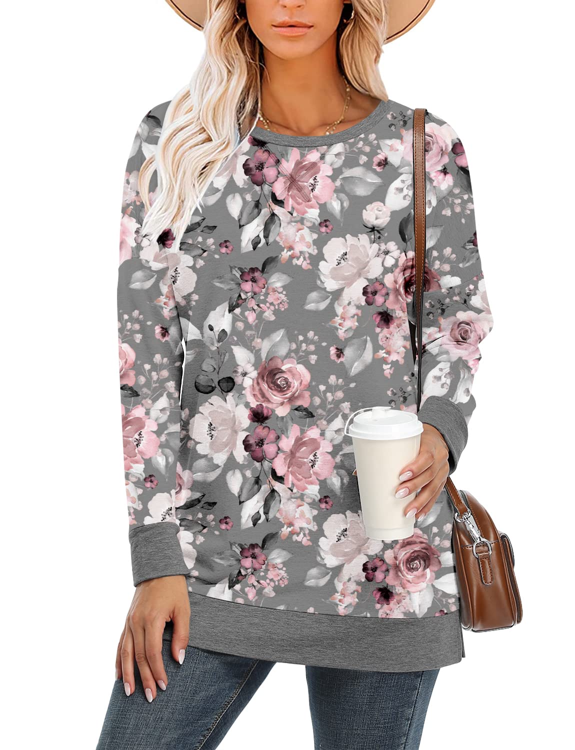 BETTE BOUTIK Floral Grey Crewneck Womens Long Sleeve Top Floral woman Long Sleeve Long shirt With Side Slit Grey Ladies Tunic Sweater Pink Grey Flower Large
