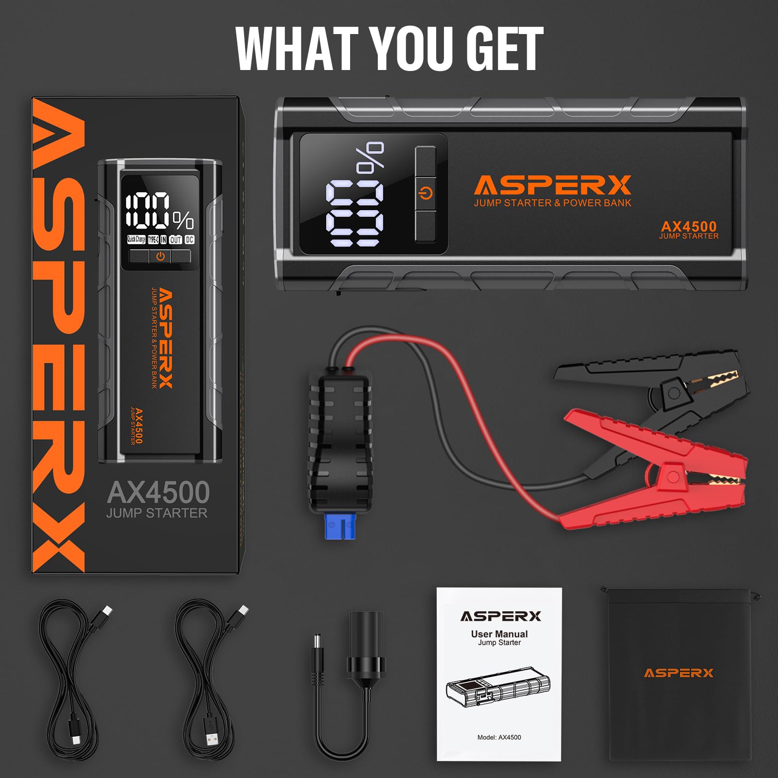 ASPERX AX4500 Jump Starter, 4500A Peak Car Jump Starter for Up to All Gas and 10.0L Diesel Engines, 12V Battery Starter with 4 Inch LCD Display, Lithium Battery Booster with Built-in LED Light