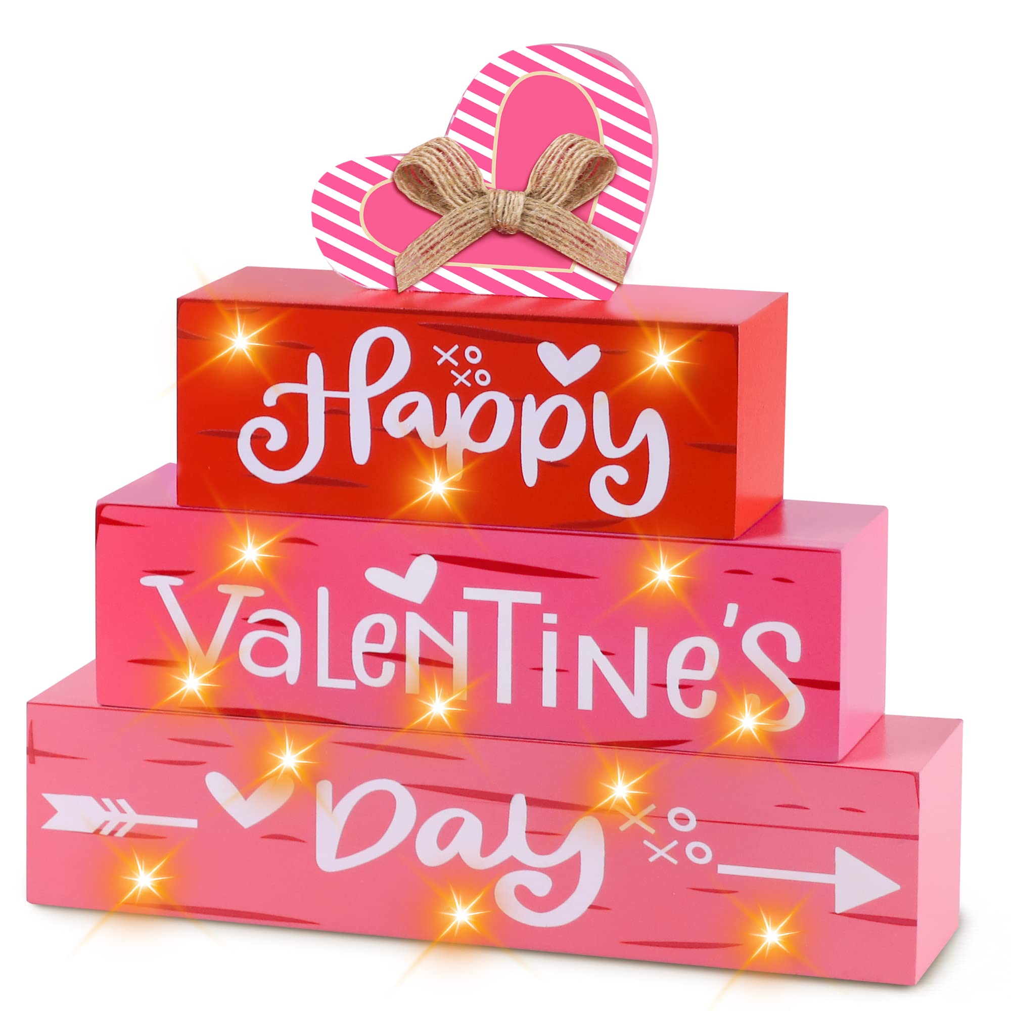 Valentines Wooden Block Sign with LED Lights, Happy Valentine’s Day Light Up Wood Sign for Table Mantle, Valentines Presents Battery Operated Valentines Tabletop Decorations Farmhouse Home Tiered Tray Decor