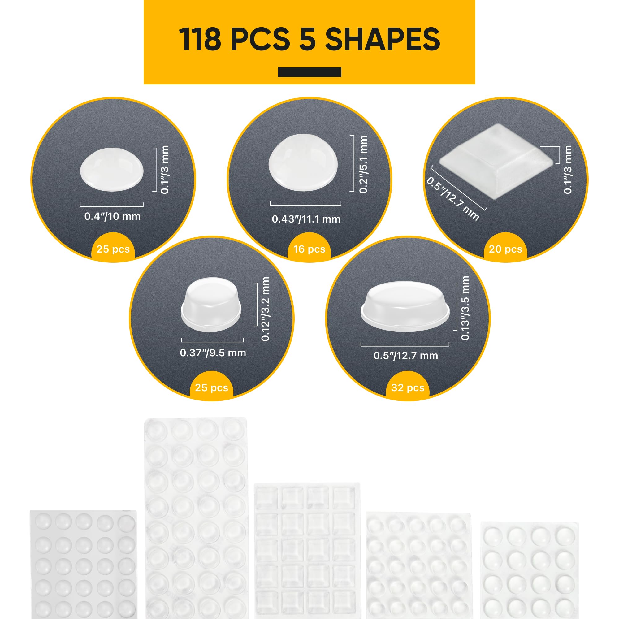 Vellax 118 & 104 Clear Cabinet Bumper Pads - Self-Adhesive Silicone Set with 5 Shapes for Doors, Drawers & Furniture – Sound Dampening Pads for Surface Protection