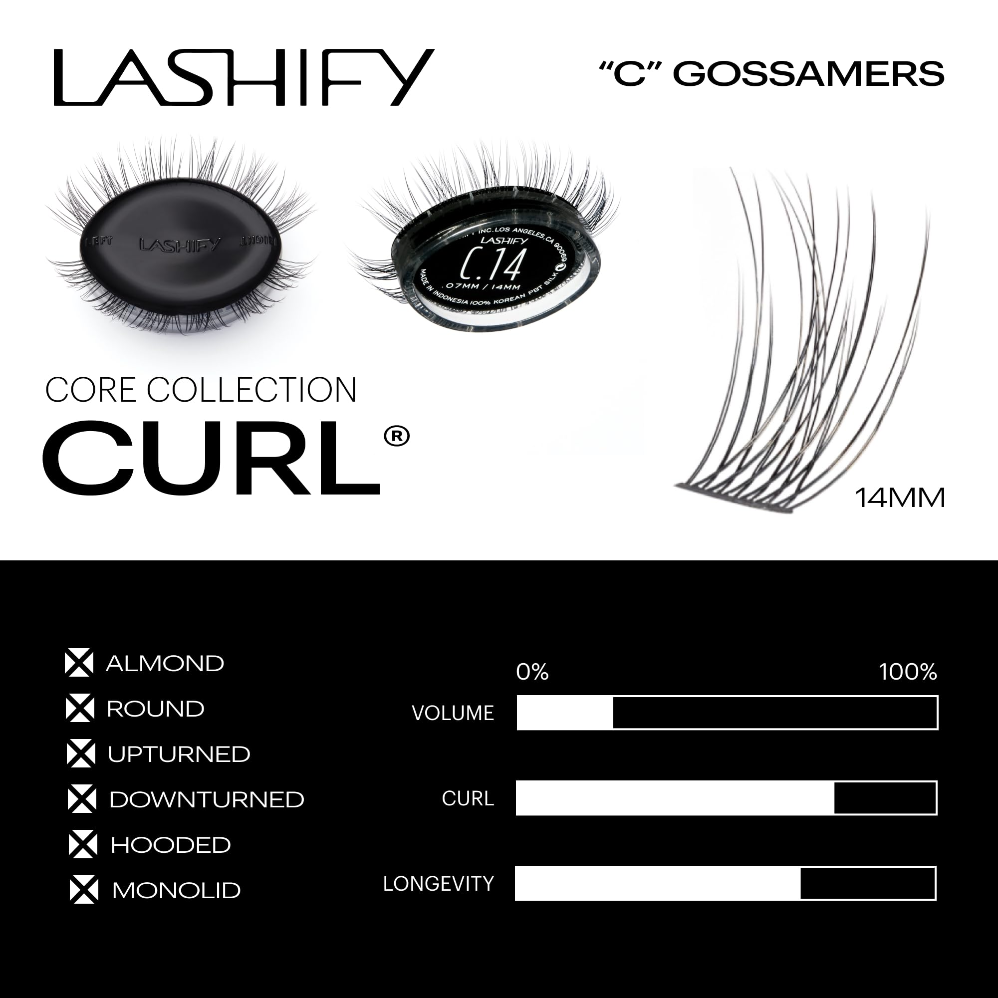 Lashify Curl 14mm Gossamer DIY Eyelash Extensions Refill, Black, Easy False Eyelashes for a Natural Look