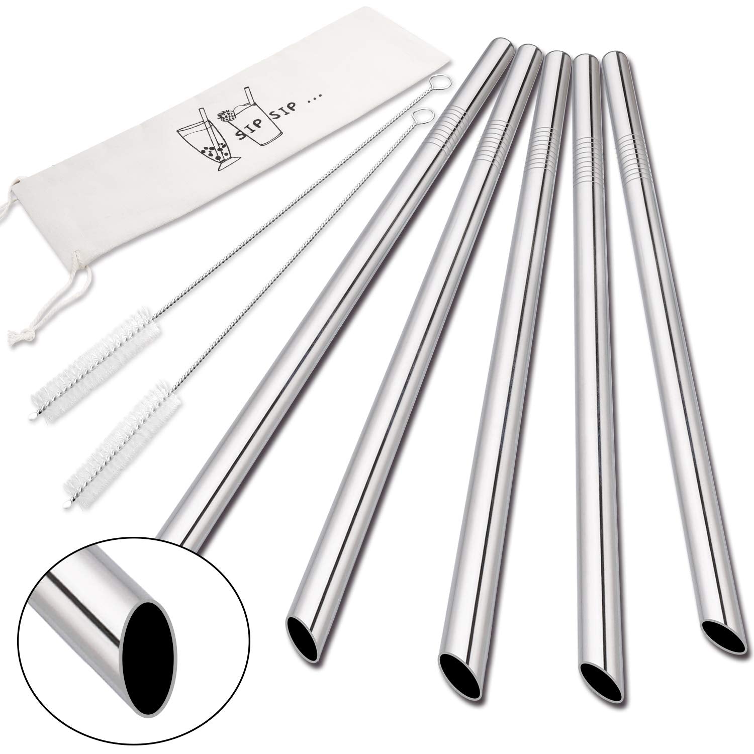 [Angled Tips] 5 Pcs 10" Reusable Bubble Tea Straws & Smoothie Straws, 0.5" Wide Stainless Steel Straws, Metal Straws for Bubble Tea/Tapioca Pearl, Milkshakes, Jumbo Drinks | 2 Cleaning Brushes