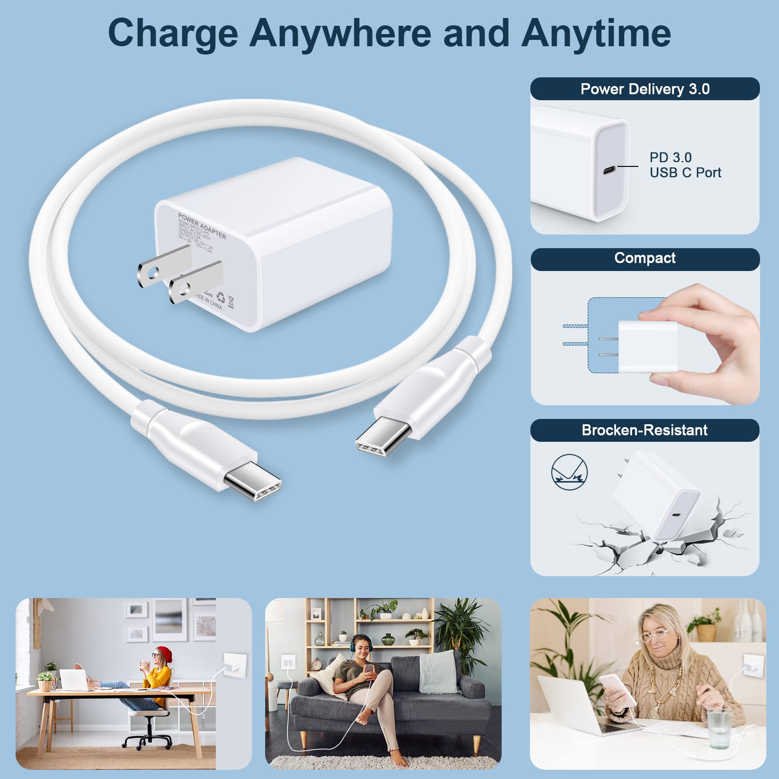 USB C Pixel 9 8 7 Charger Fast Charger for Google Pixel 9a 9 Pro 8a 8 7a 7 Pro 6a 6 5a 5 4a 4XL 3a 3XL 2,Samsung S25 S24 S23 S22 Ultra S21,20W PD Power Adapter Wall Charger Box+6ft Type C to C Cable