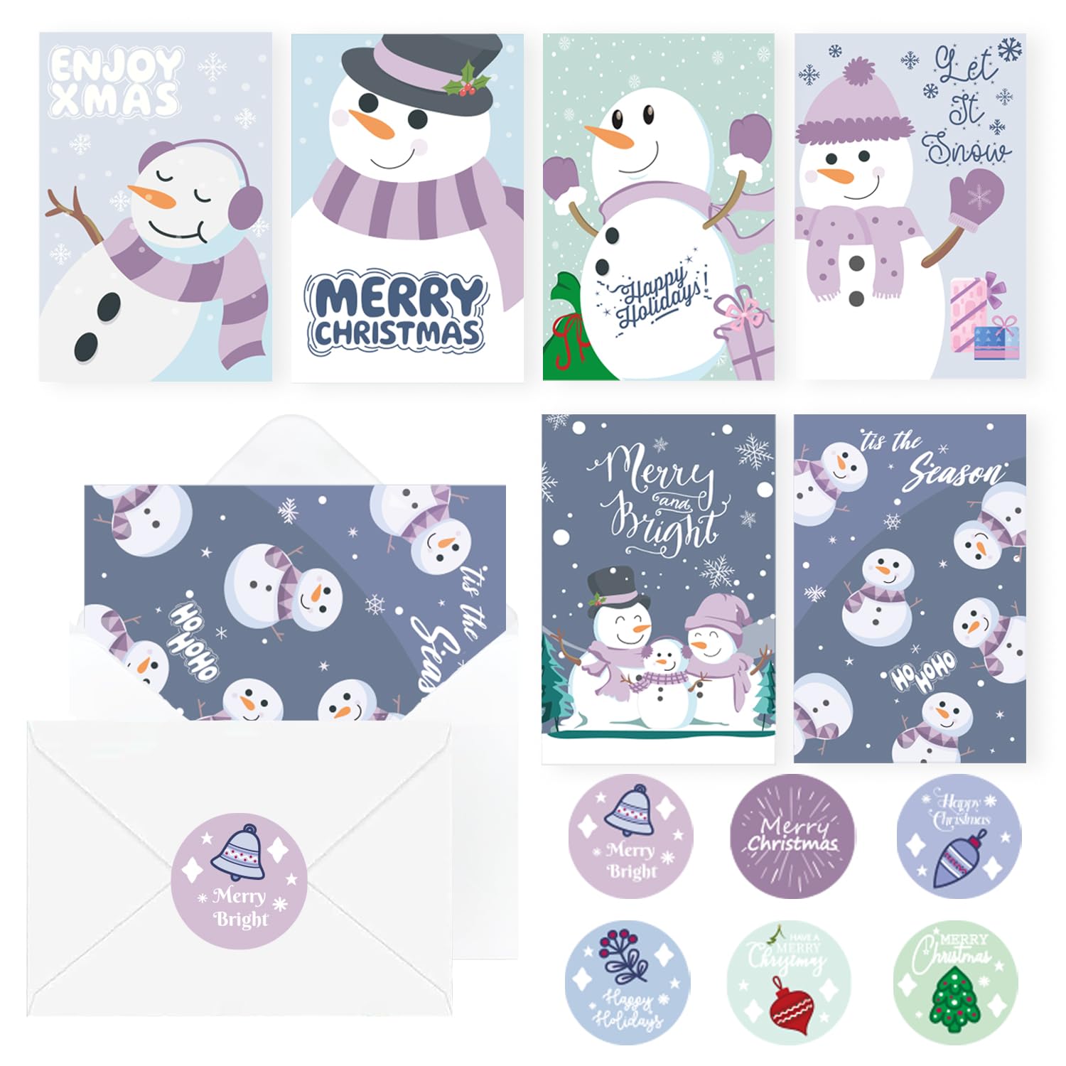 QINGRUIGO 24 Pack Snowman Christmas Cards with Envelopes & Stickers - 6 Designs with Printed Message Christmas Holiday Cards, 4x6in Snowman Christmas Card, Boxed Christmas Cards