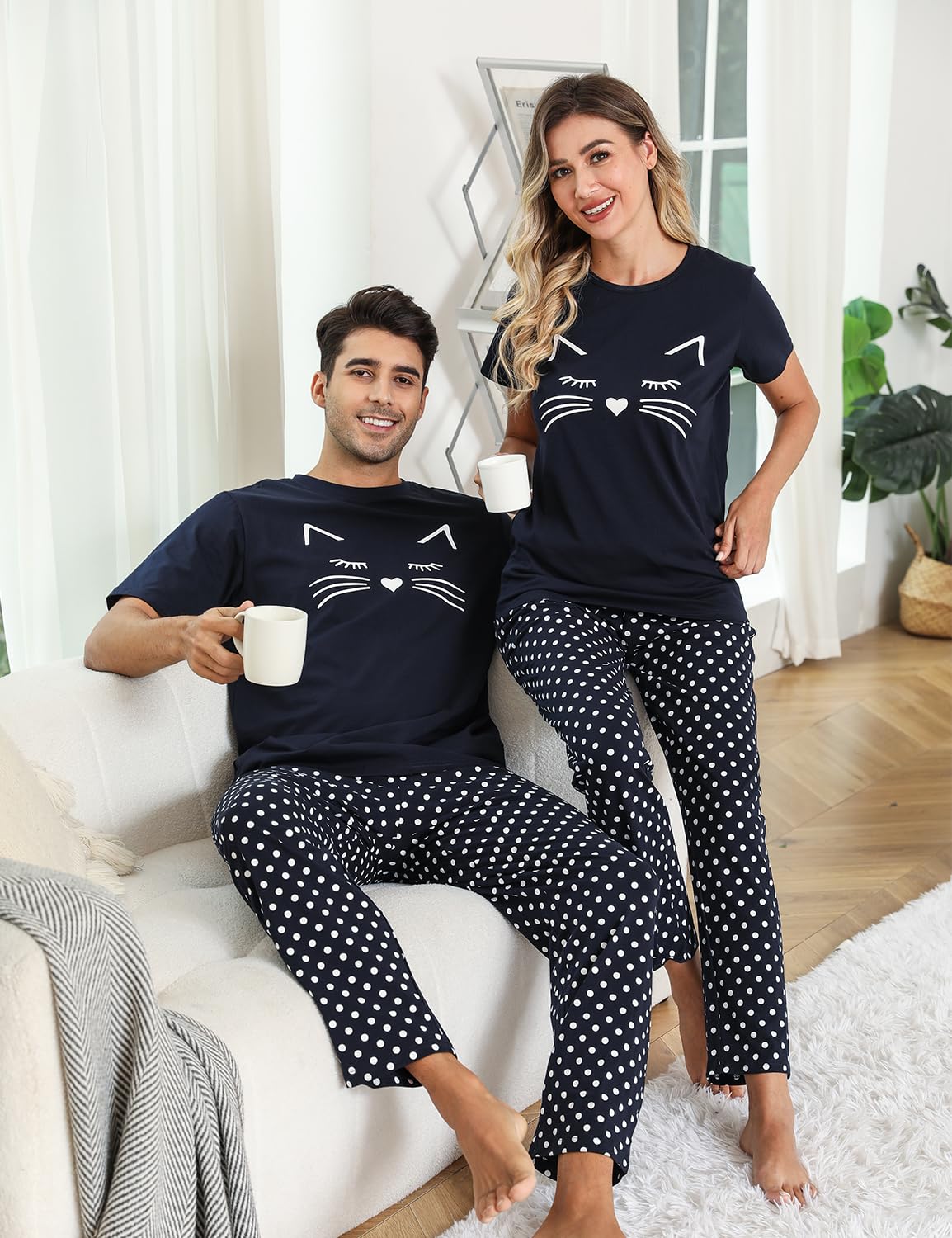 EISHOPEER Men's Cotton Cute Printed Sleepwear Top & Long Sleeve Bottom Pajama Lounge Set Navy Blue Large