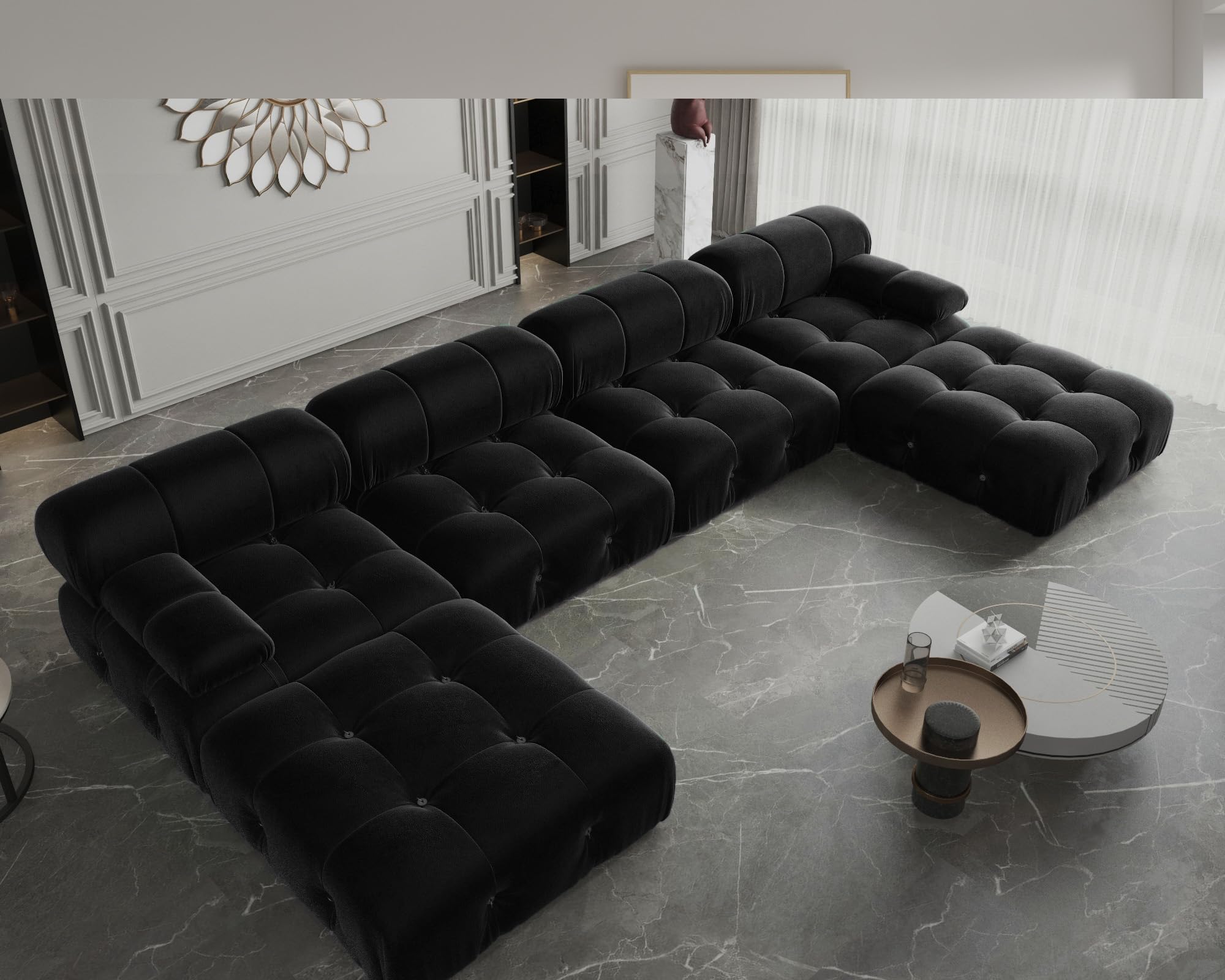 JACH 138" Black Sectional Couches, U-Shaped Minimalist Velvet Sofas, Convertible Modular Sofa, Luxury Modern 6-Seats Couch Sectional with Chaise Ottomans for Living Room Bedroom Office Apartment