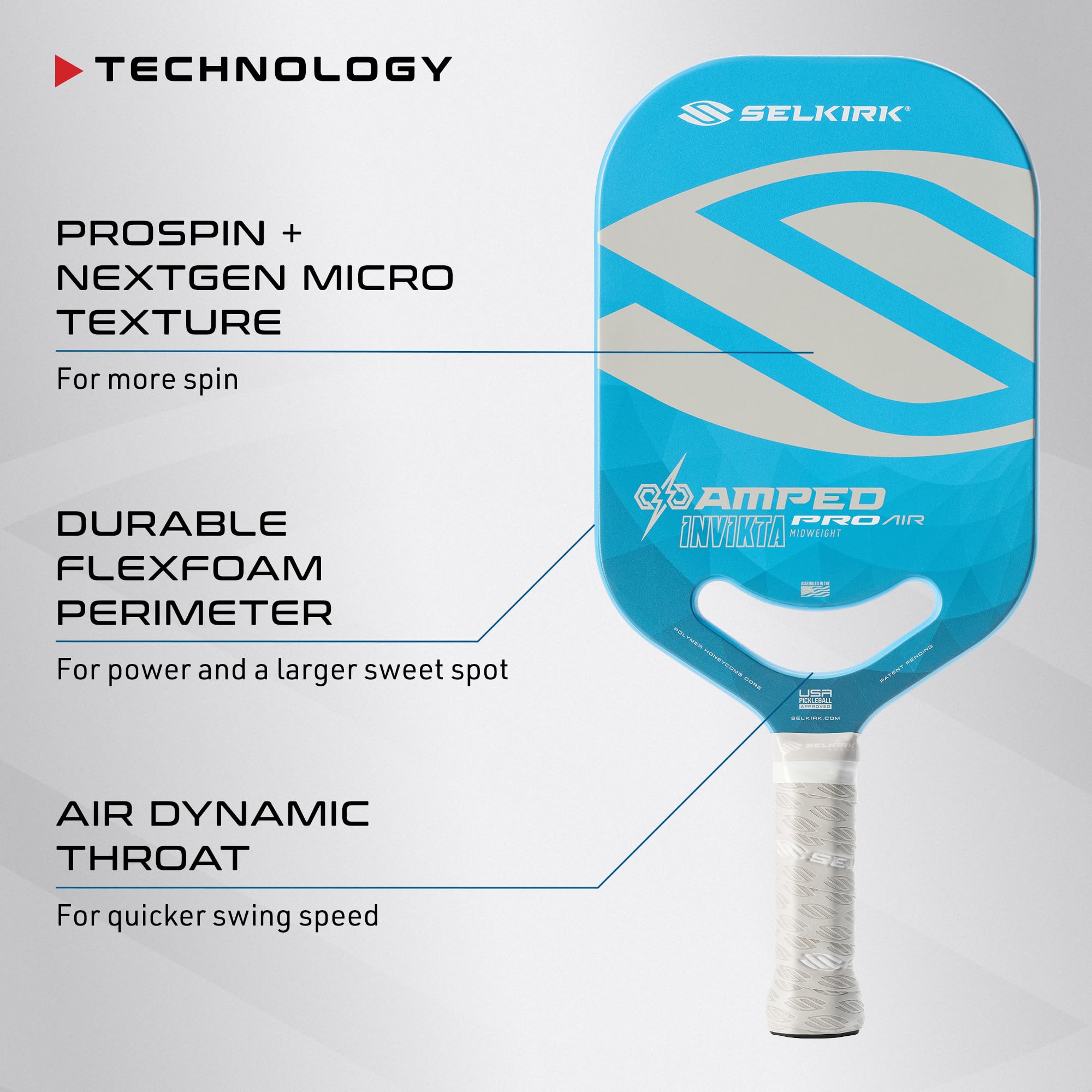 2024 Selkirk Amped Pro Air Pickleball Paddle | Fiberglass Pickleball Paddle with a Polypropylene X5+ 16mm Core | Throatflex | Flex Foam | Pickleball Rackets Made in The USA | Invikta Blue