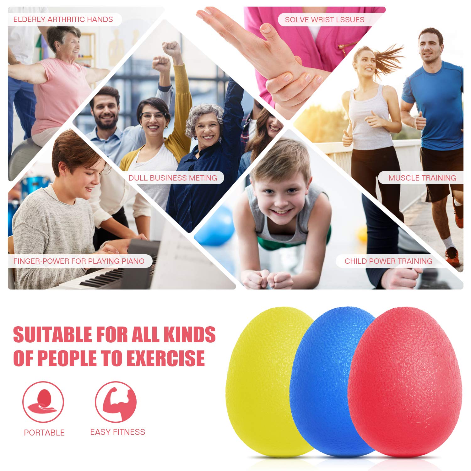 Peradix Hand Grip Strength Trainer, Stress Relief Ball for Adults and Kids, Wrist Rehab Therapy Hand Grip Equipment Ball Squishy Tools - Set of 3 Finger Resistance Exercise Squeezer