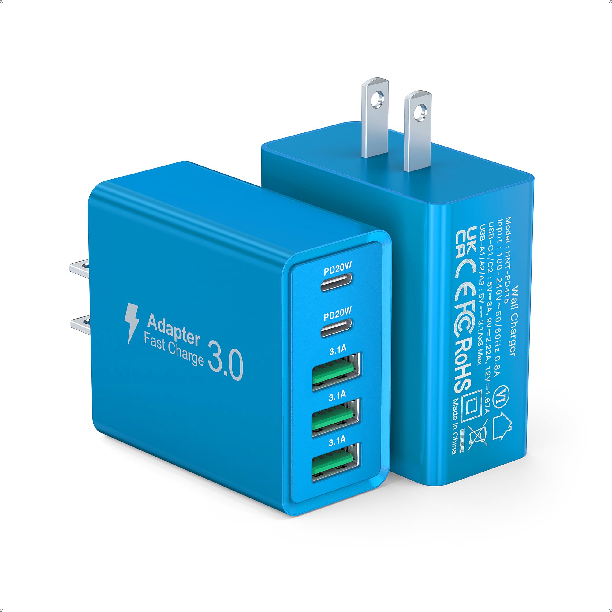 [2-Pack] USB C Wall Charger, 50W USB C Charger Block 5-Port PD Fast Charging Blocks,2USB C+3USB A Multiport Plug,Type C Power Adapter Brick Cube for iPhone 15/14/13/Pro,iPad,Samsung,for Switch（Blue）