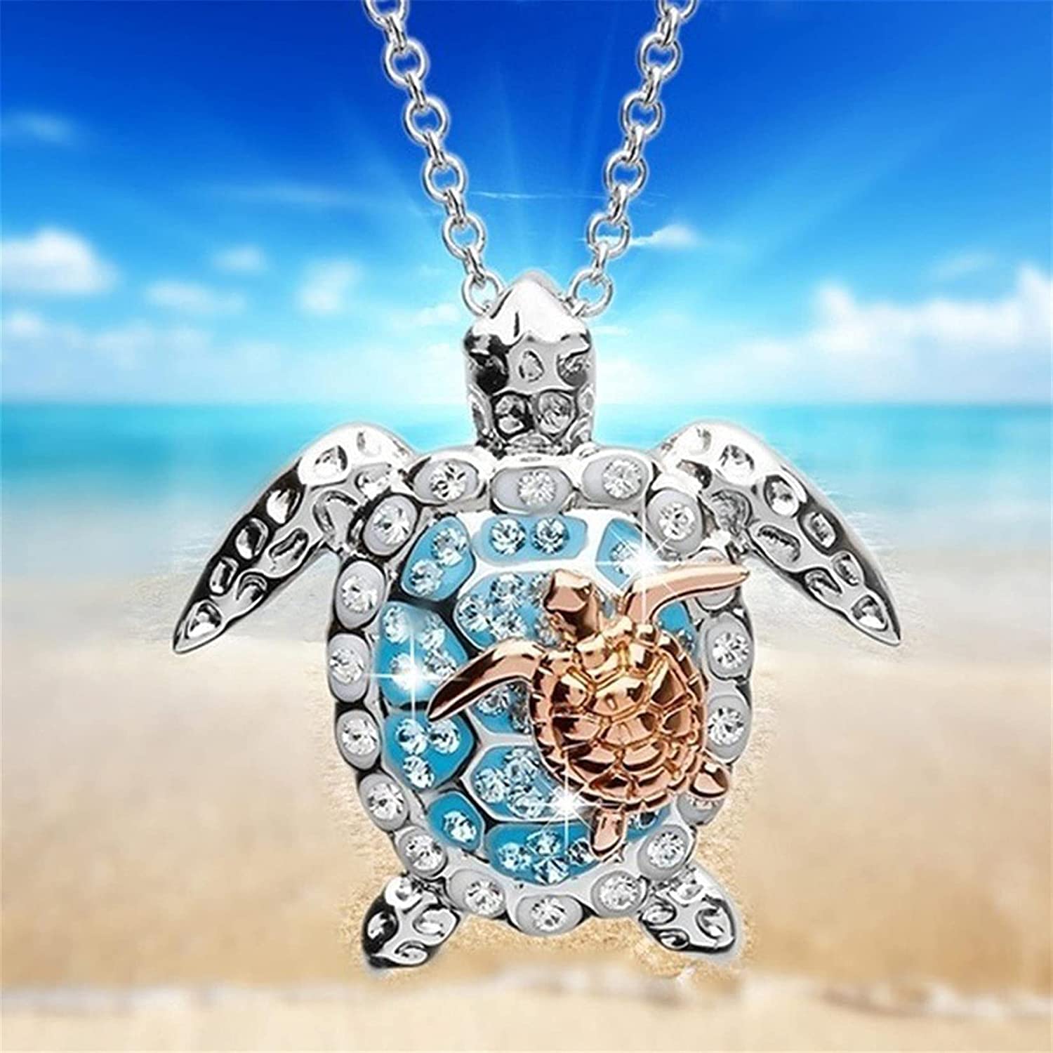 U-M Silver Created Blue Opal Sea Turtle Pendant Necklace, Birthstone Turtle Necklace Jewelry for Women (Blue) Attractive Processed