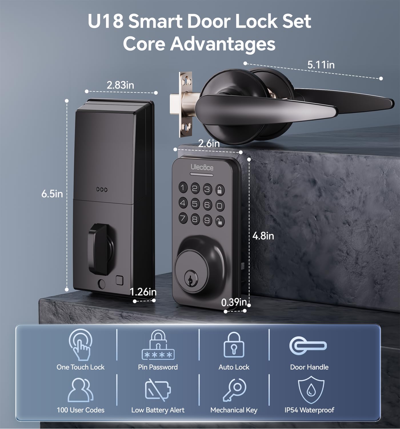 Keyless Entry Door Lock Deadbolt with Handle Set, Keypad Door Lock with Handle Smart Door Locks for Front Door with Set Code Door Lock with Easy Installation, Auto Lock, Matte Black