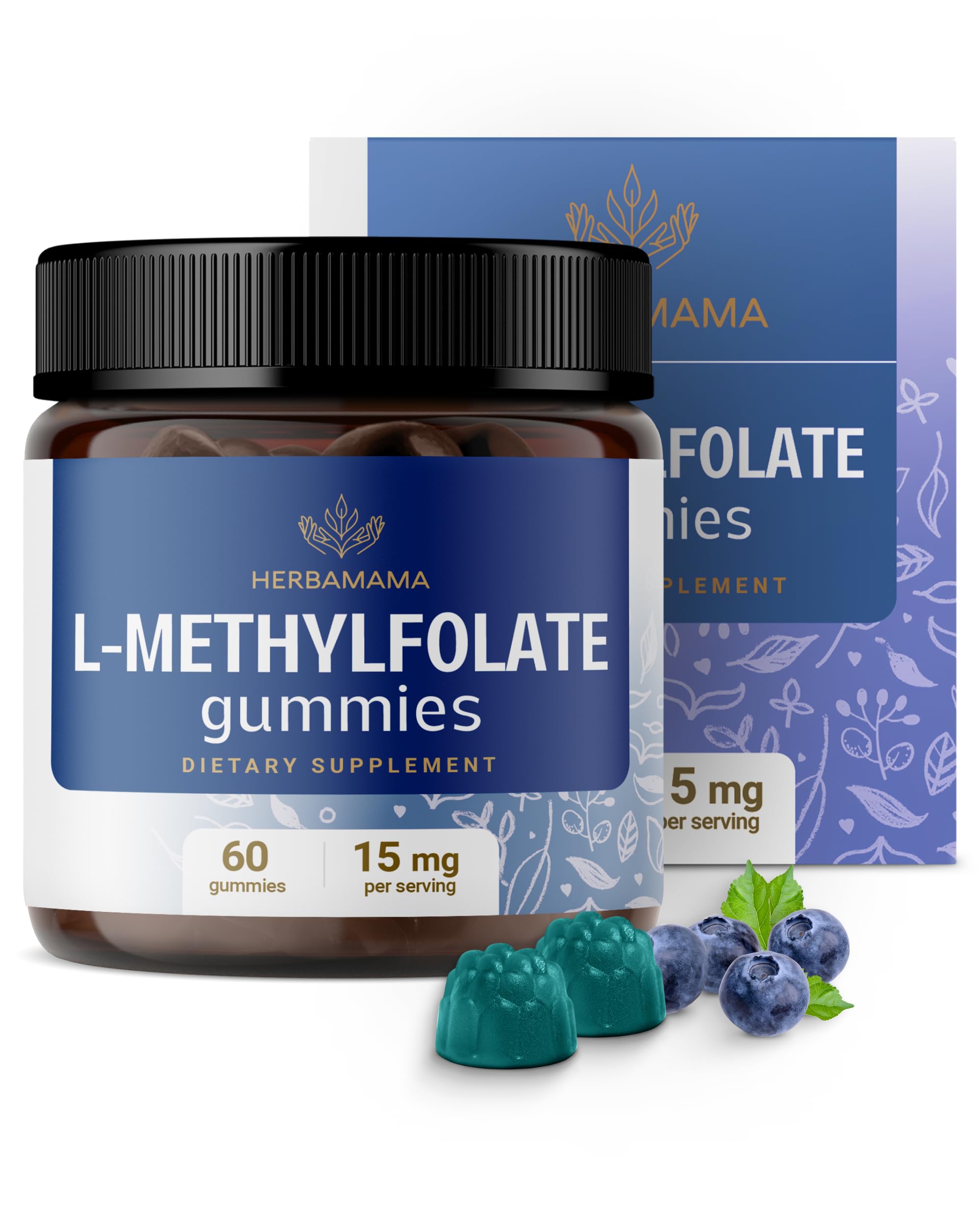 HERBAMAMA L-Methylfolate Gummies - 15mg 5-MTHF Calming Supplement for Adults - Vegan, Non-GMO Methylated Folate (Vitamin B9) for Brain Support - 60 Pectin-Based Blueberry-Flavored Chews