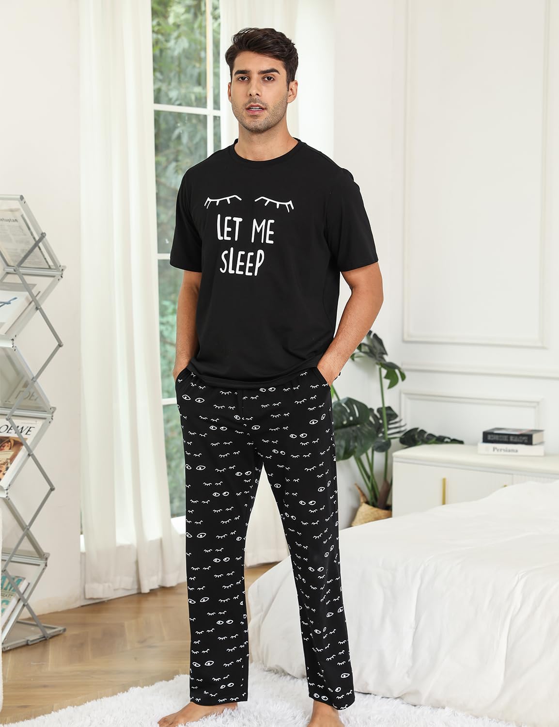 EISHOPEER Men's Soft Cotton Pajama Set Short Sleeve Casual Sleepwear T Shirt Loungewear with Long Pants Black XX-Large