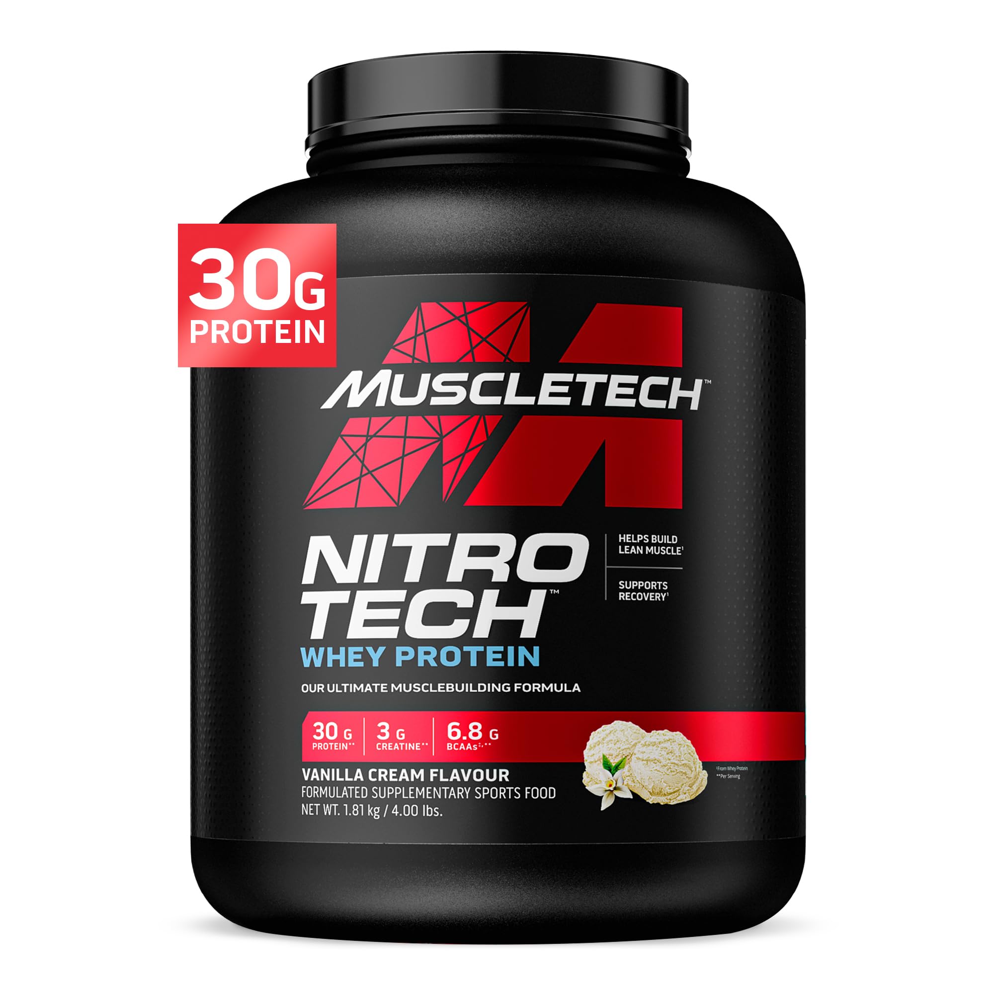 Muscletech Whey Protein Powder (Vanilla Cream, 4 Pound) - Nitro-Tech Muscle Building Formula with Whey Protein Isolate & Peptides - 30g of Protein, 3g of Creatine & 6.6g of BCAA