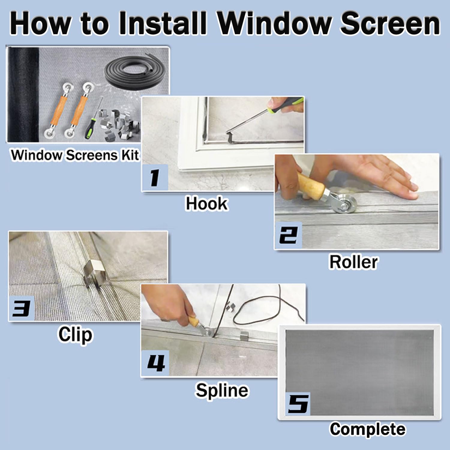 Window Screen Door Repair Kit, King&Charles Include Window Screens 48"x118"+ 2 Roller+50Ft Spline+8Clips+Hook, 6 in 1 Window Screen Replacement, Black Window Screen Mesh, Steel/Nylon Bearing Roller