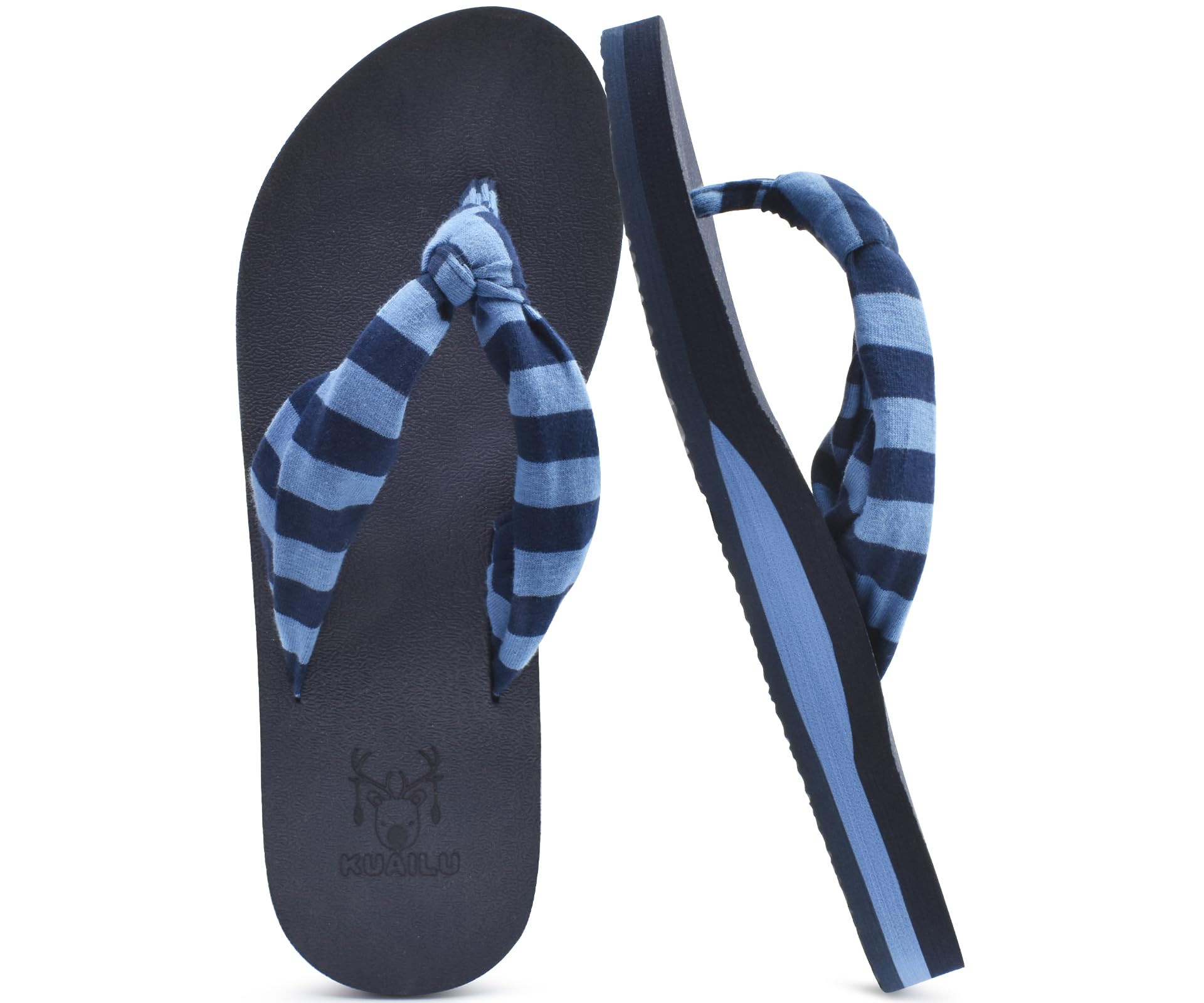 KuaiLu Flip Flops for Women with Arch Support Yoga Mat Comfortable Summer Beach Walking Thong Cushion Sandals Slip On Indoor Outdoor Blue Size 9