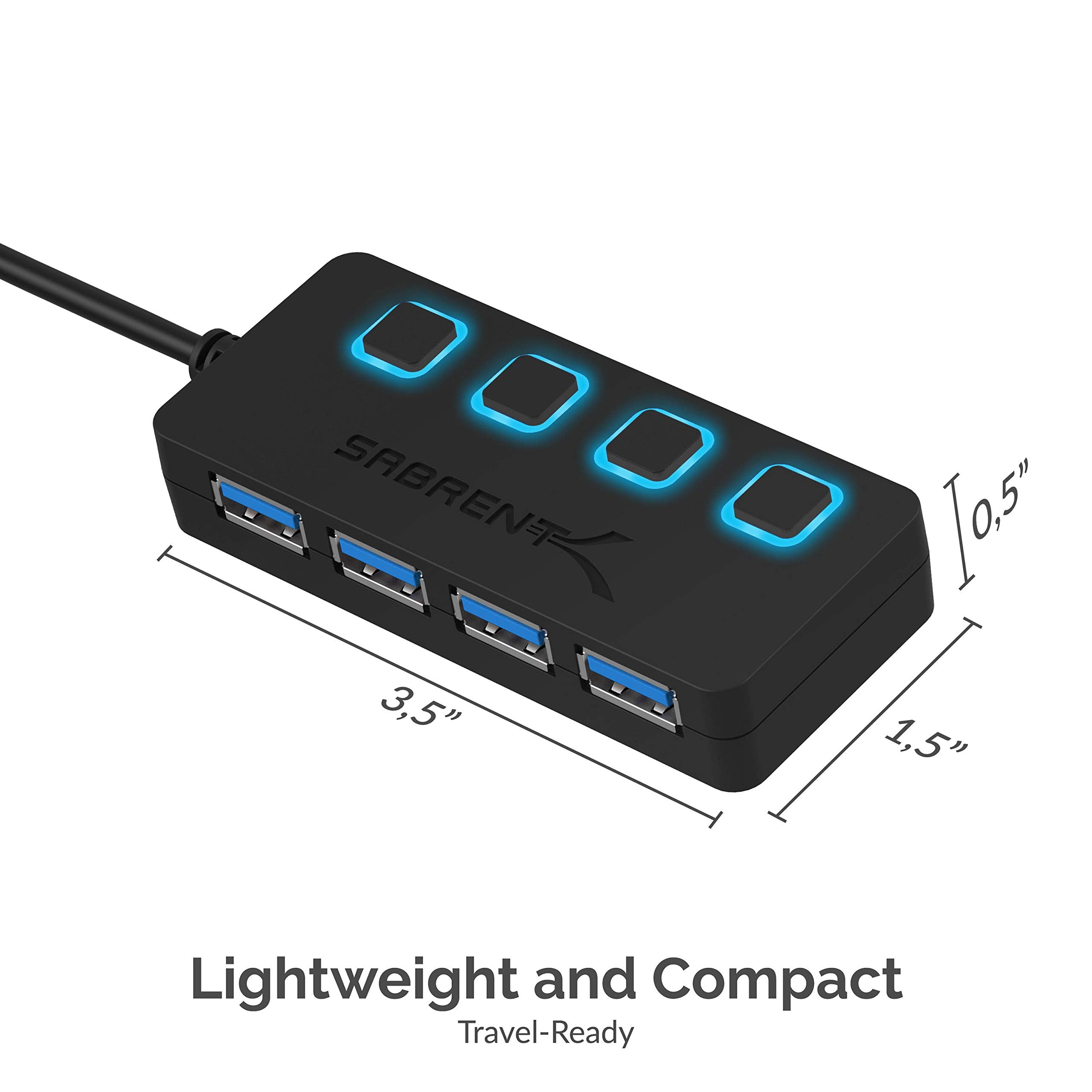 SABRENT 4-Port USB 3.0 Hub with Individual LED Power Switches - Slim, Portable Design - 2 Ft Cable - Fast Data Transfer - Compatible with Mac & PC (HB-UM43)