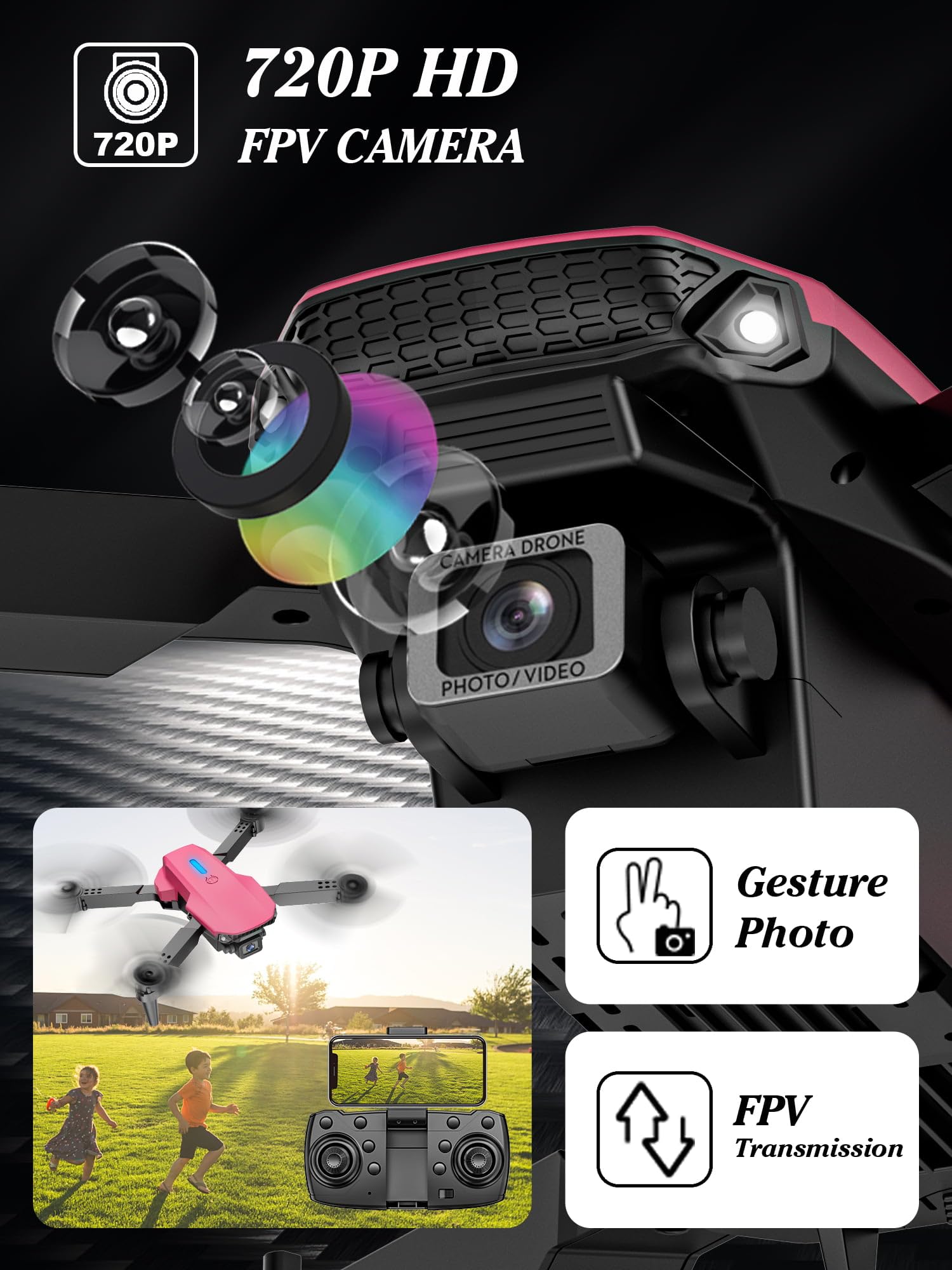 Drone for Kids 8-12, 13-15, Drone with Camera, Foldable Remote Control Quadcopter with Altitude Hold, Gestures Selfie, One Key Start, 360° Flips, 2 Batteries, Toy Gifts for Boys Girls (Pink)