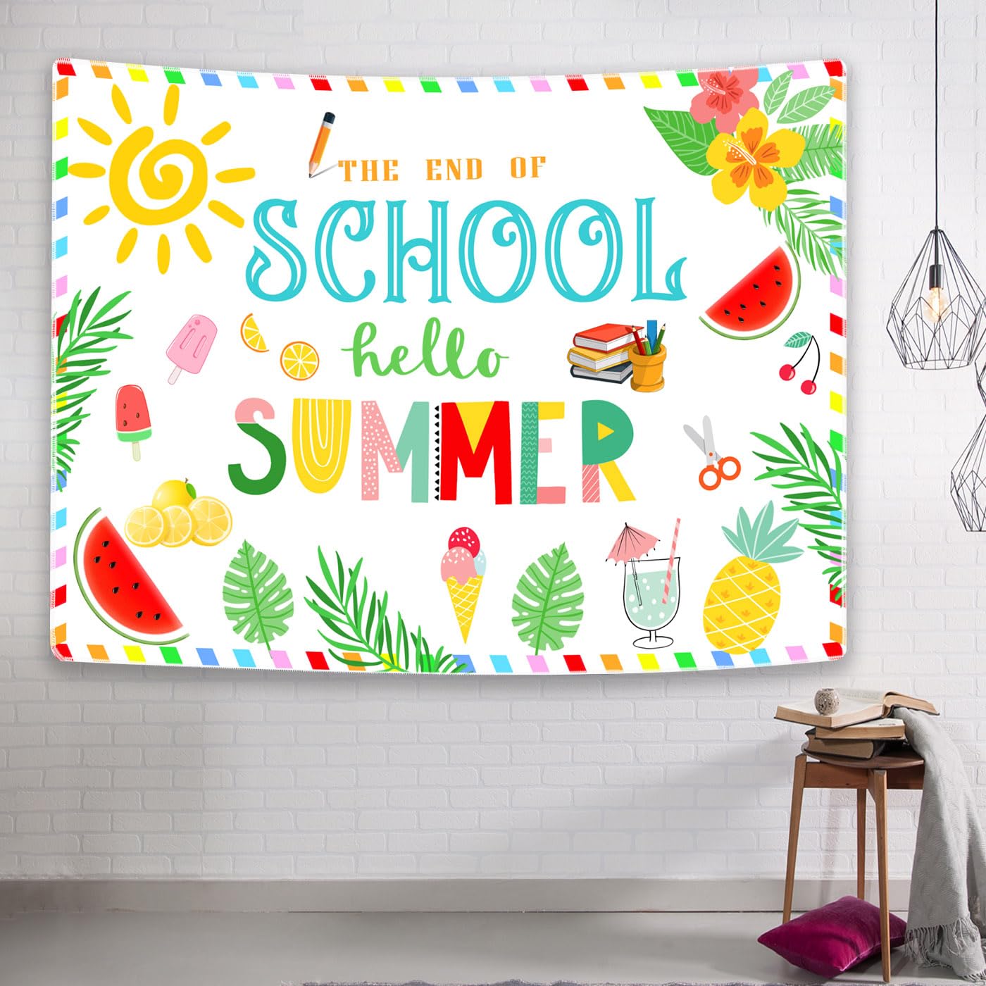 White End of School Backdrop Hello Summer Background School's Out of Summer Banner, Ladvis 82.7"x 59" Kids Boys Girls Holiday Party Decorations Tropical Photoshoot Supplies Photography Photo Props