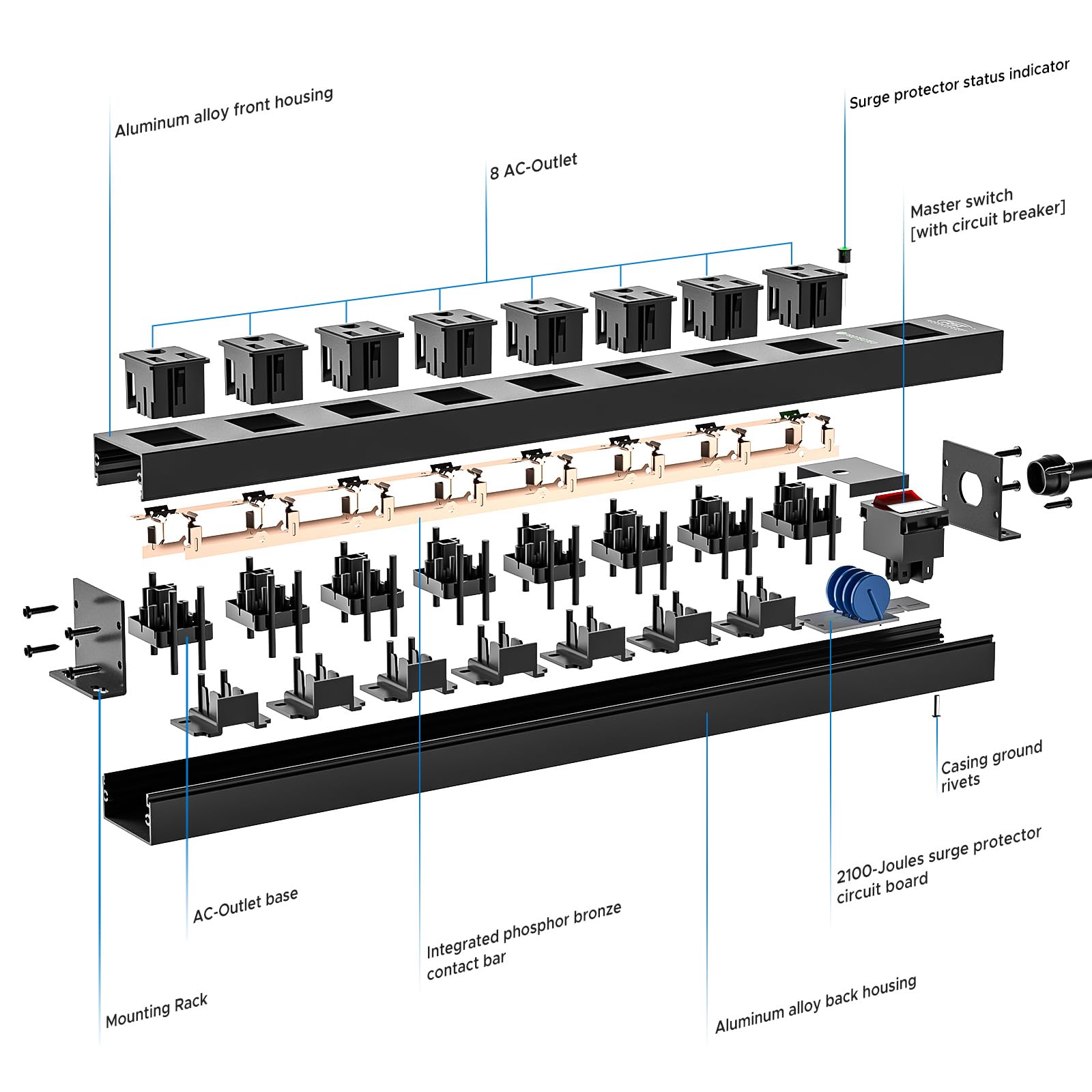 CRST 8 Outlet Metal Heavy Duty Power Strip, 2100J Power Strip Surge Protector, 6FT Cord Mountable Power Strip for Home Office Garage Workshop School, Wide Spaced Industrial Power Strip15A/1875W