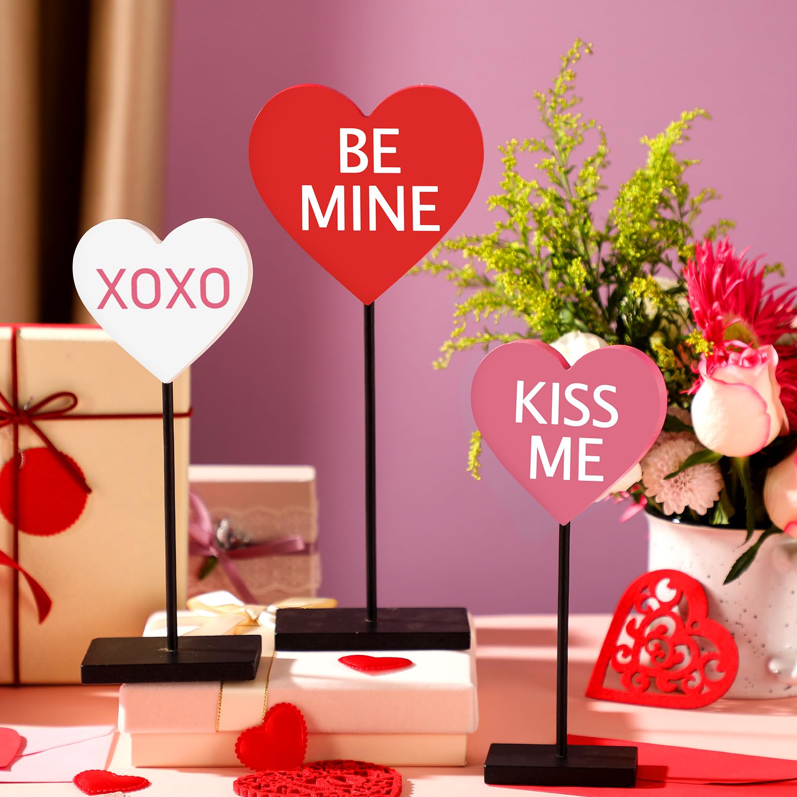 Spiareal 3 Pcs Valentine's Day Heart Wooden Sign Heart Shape Tall Standing Table Sign Love Decor Valentine's Day Wooden Signs for Home Farmhouse Table Centerpiece Decorations(Lovely)