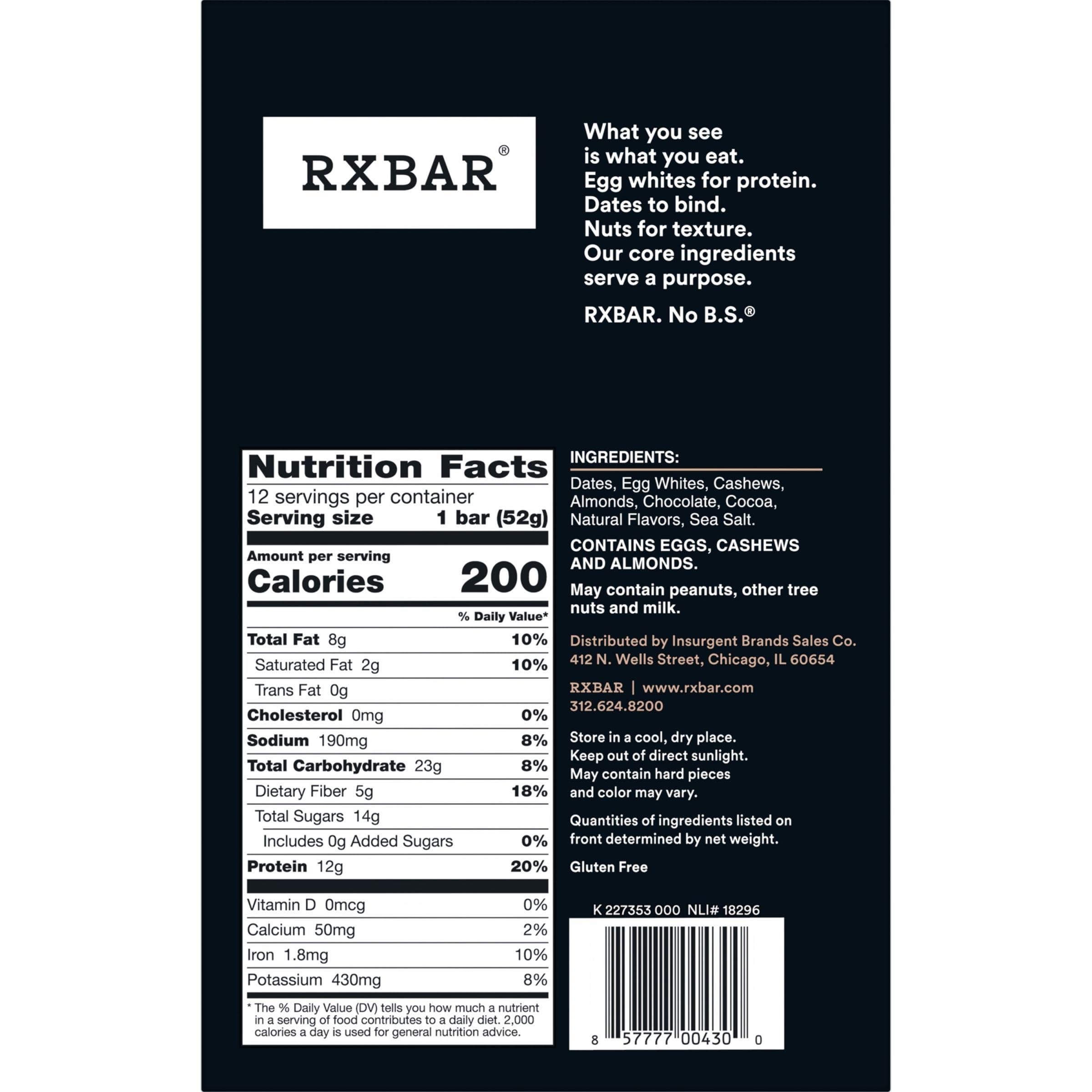 RXBAR Protein Bars, Protein Snack, Snack Bars, Chocolate Sea Salt, 22oz Box (12 Bars)