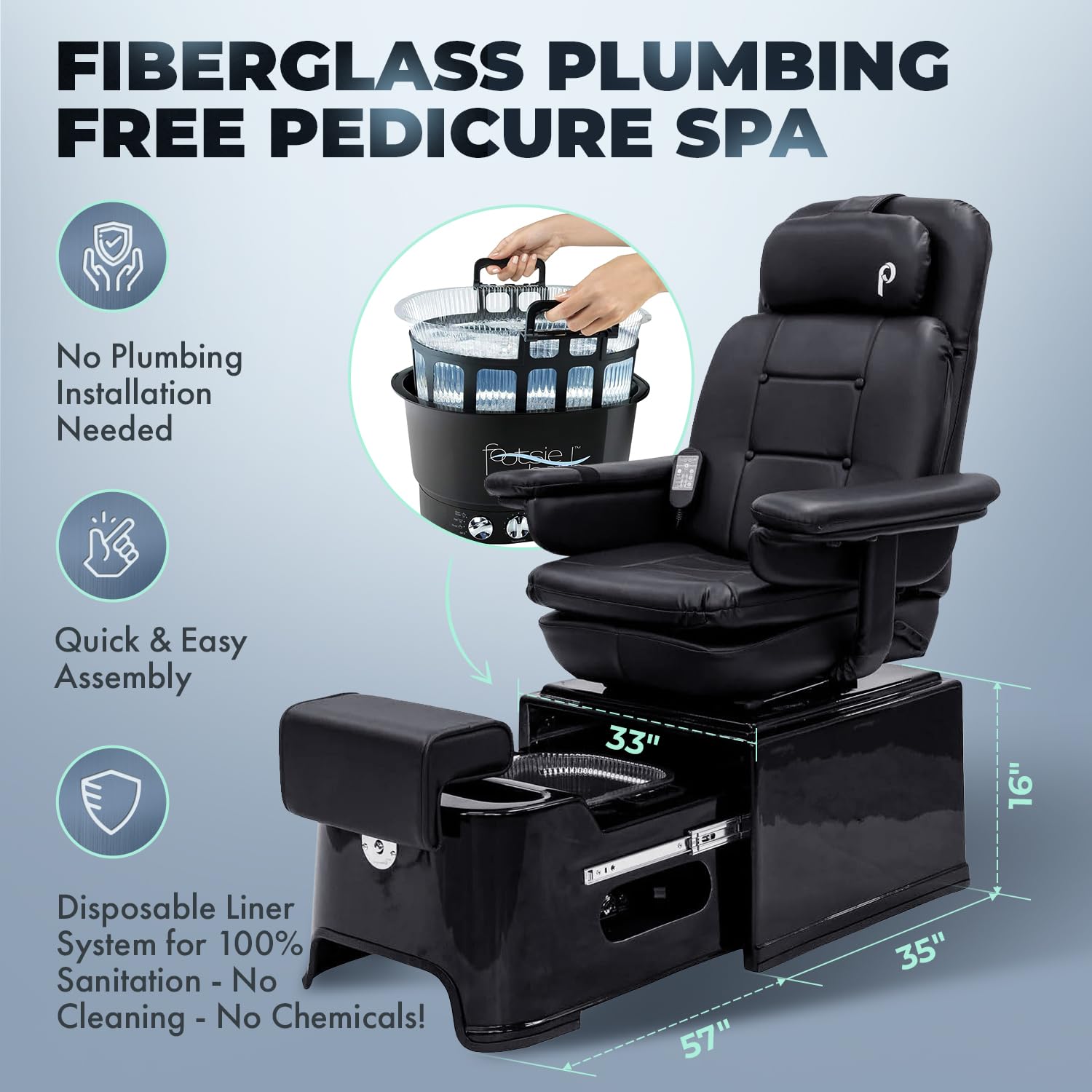 Pibbs PS92 Fiberglass Plumbing Free Pedicure Spa Featuring The Footsie Bath Tub with Disposable Liners, Swivel Chair That Reclines with 6 Vibration Functions & Adjustable Footrest, PIB-PS92