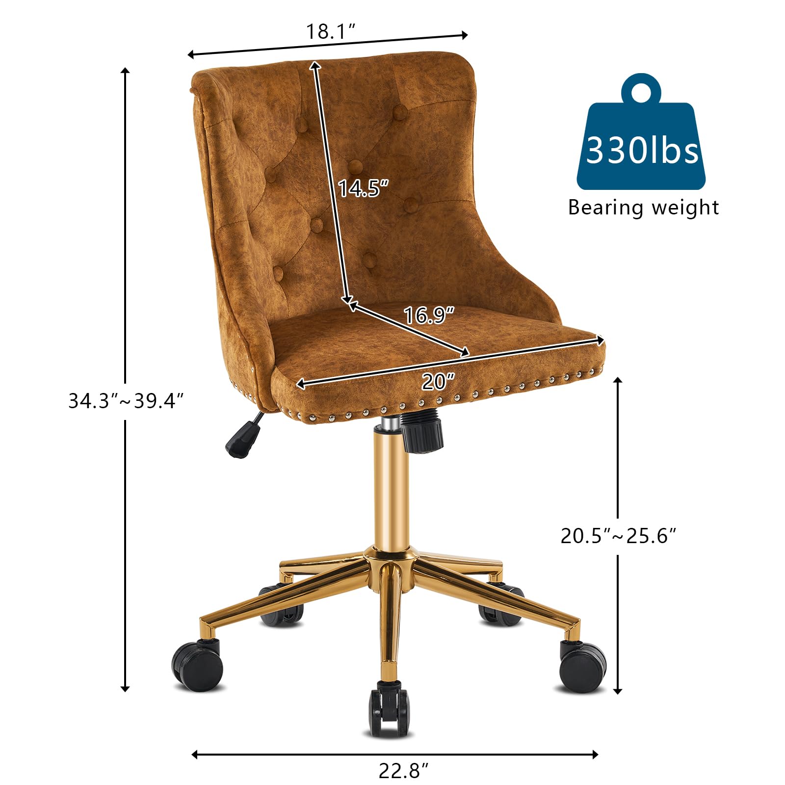 VINGLI Mustard Velvet Armless Home Office Desk Chair with Gold Base/Wheels, Small Cute Vanity/Makeup Chair with Back for Bedroom, Upholstered Adjustable Rolling Swivel Nail Chair for Women/Girls