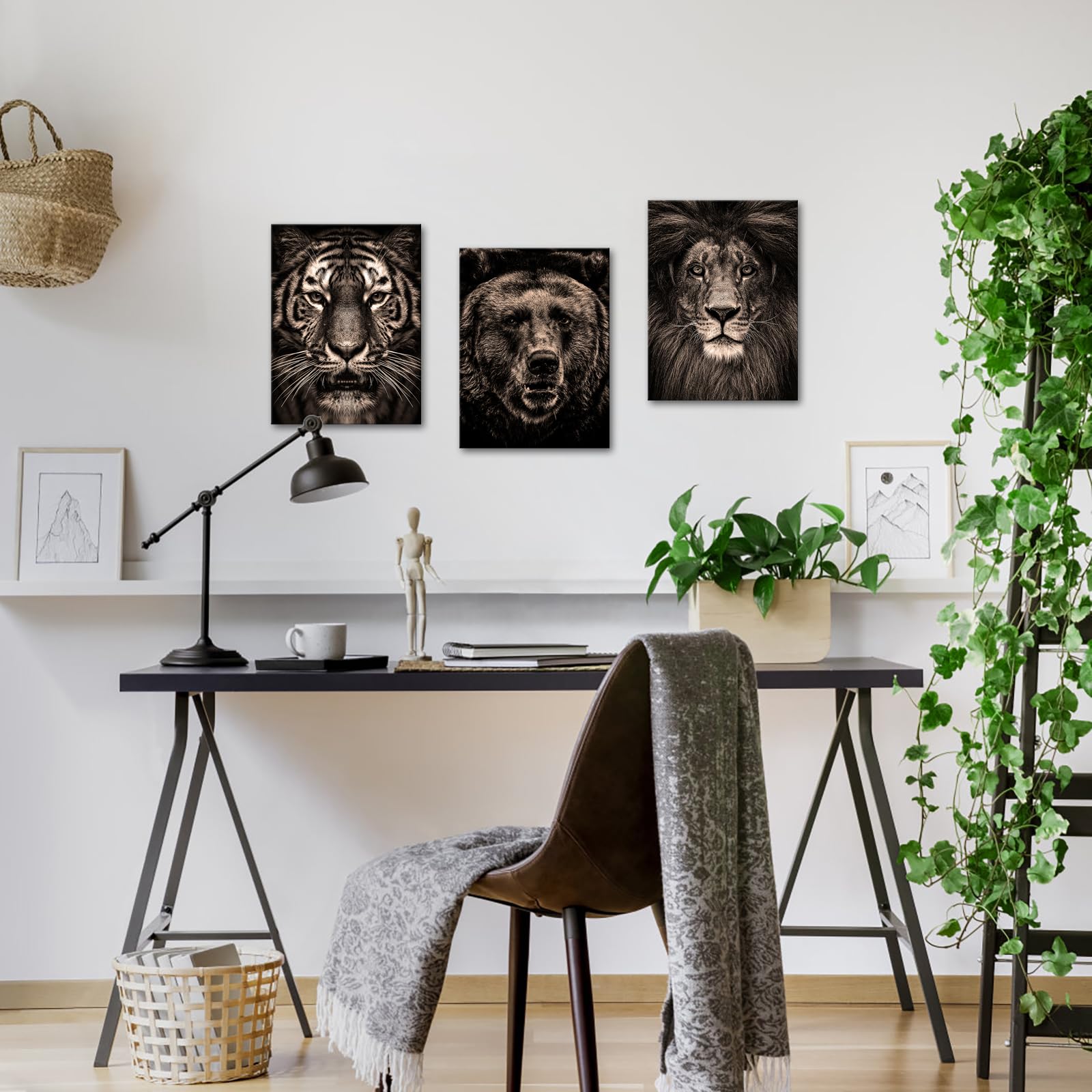 OuElegent Black and Beige Wildlife Canvas Wall Art Animal Tiger Bear Lion Portrait Picture Poster Artwork for Home Living Room Bedroom Office Wall Decoration 12"x16"x3pcs