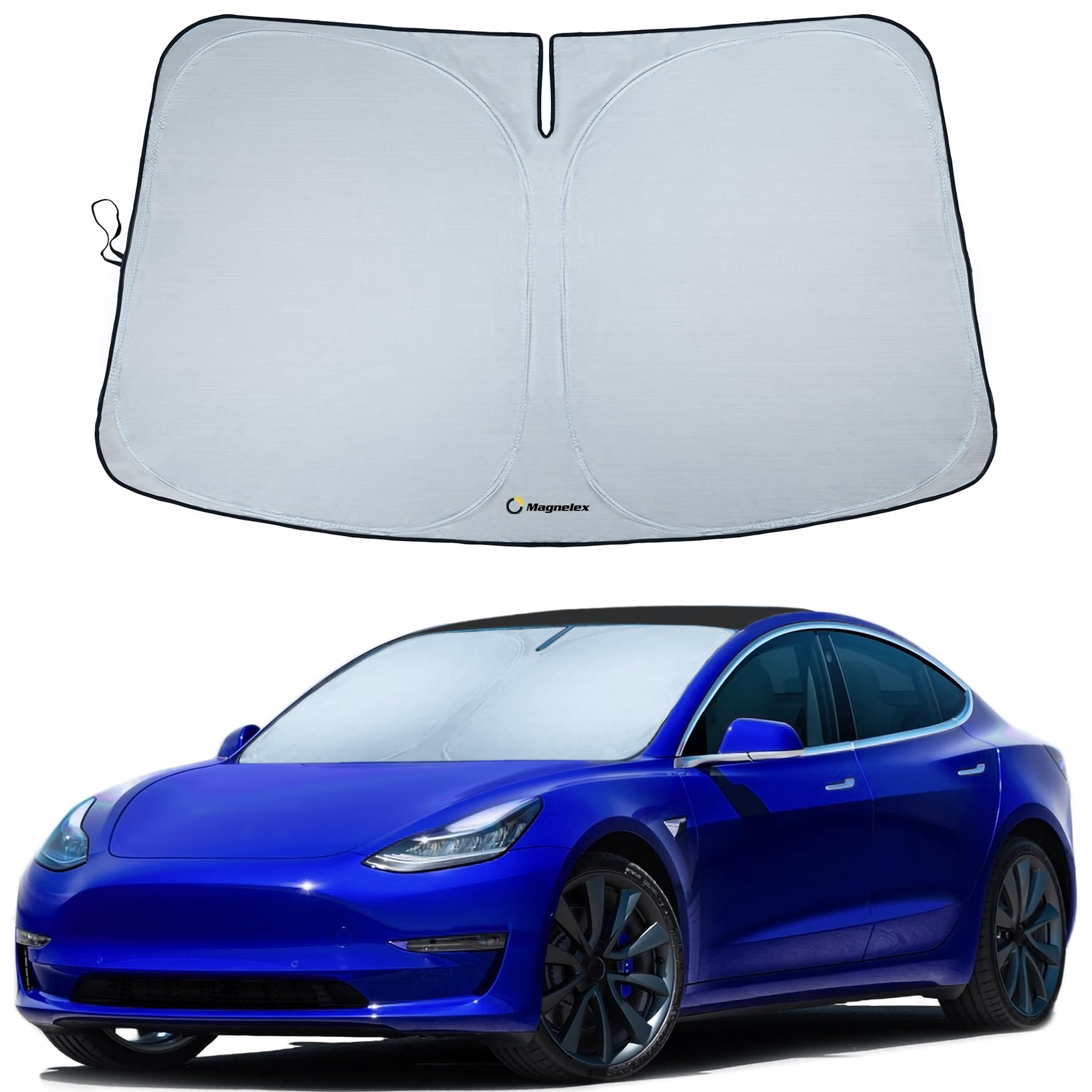 Magnelex Tesla Windshield Sunshade for Model 3 / Model Y | Reflective 240T Material Car Sun Visor with Mirror Cut-Out. Tesla Model 3 Sunshade and Tesla Model Y Sunshade | Foldable Sun Shield for Tesla