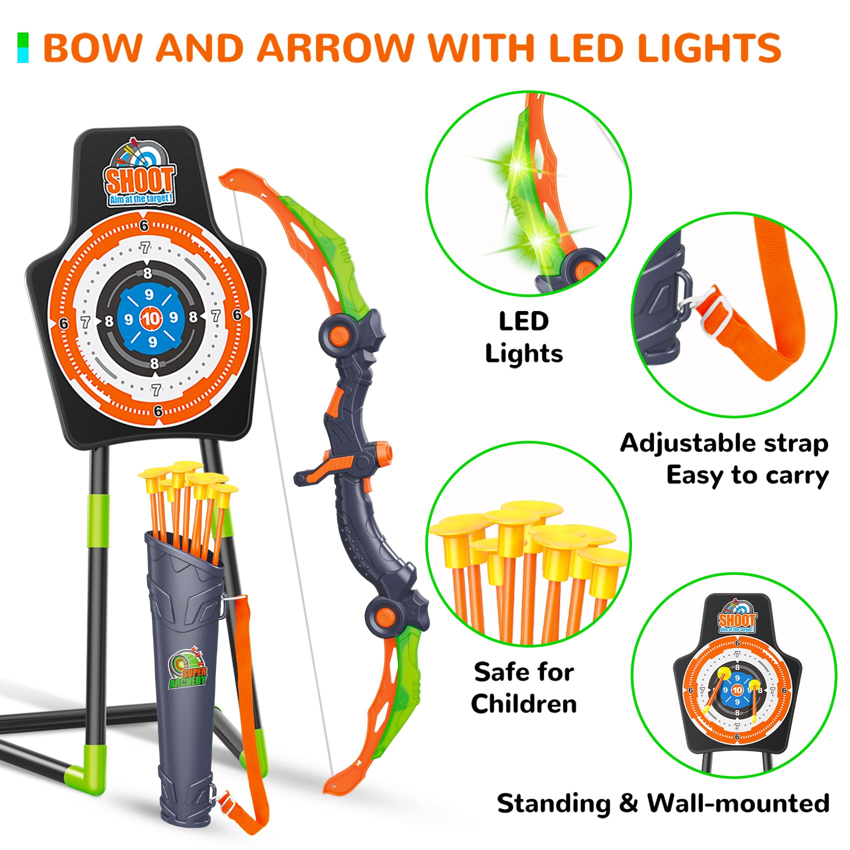 Bow and Arrow for 5 6 7 8 9 10 11+ Year Old Boys, Birthday Gift for Kids, Indoor Outdoor Activity Toys, 2 Pack LED Light Up Archery Toy with 20 Suction Cup Arrows, Standing Target, 2 Quiver