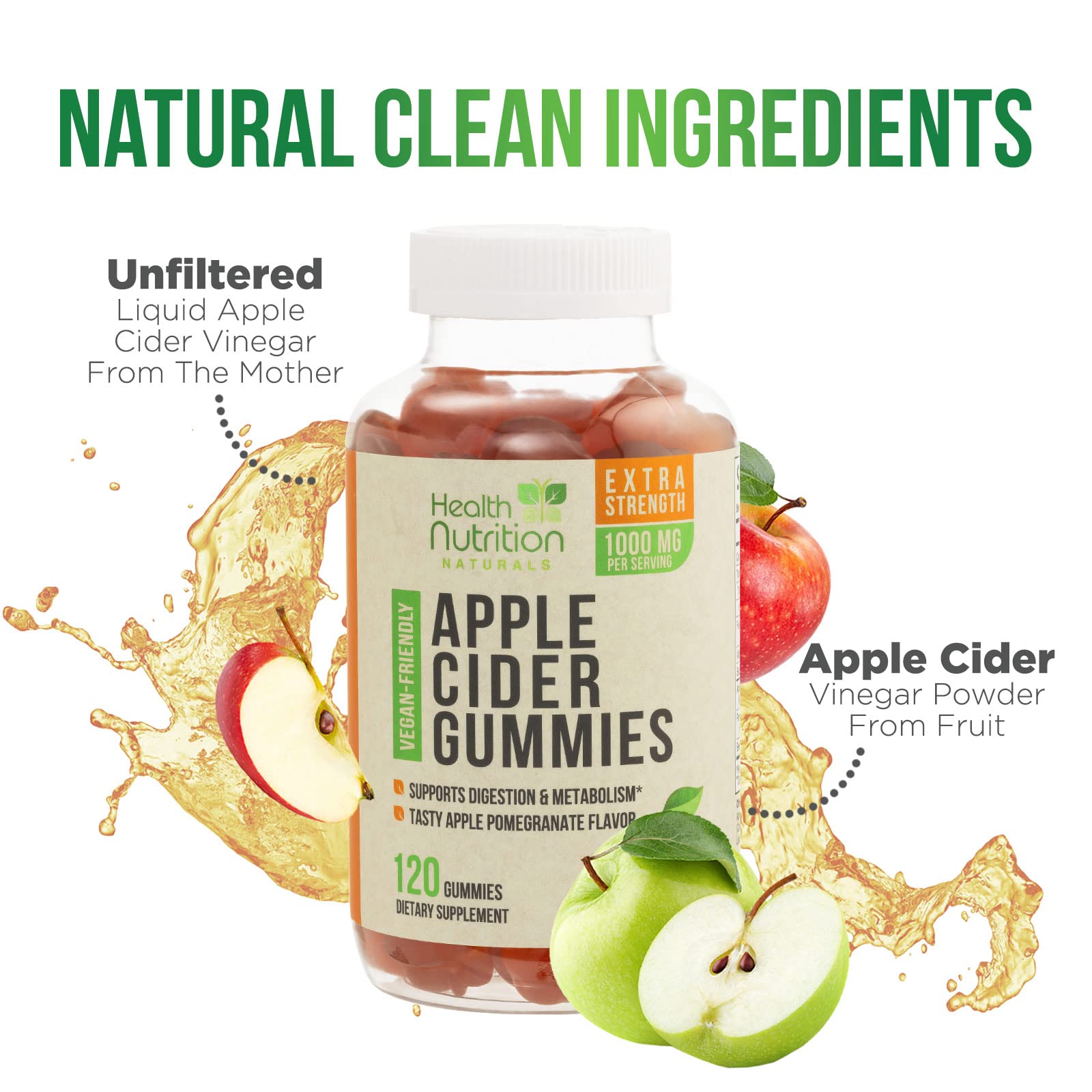 Vegan Apple Cider Vinegar Gummies | Max Strength 1000mg | ACV Supplement Gummy Vitamins for Adults, Supports Digestion, Metabolism, Natural Apple Flavor with Mother, Gluten Free, Non-GMO - 120 Gummies