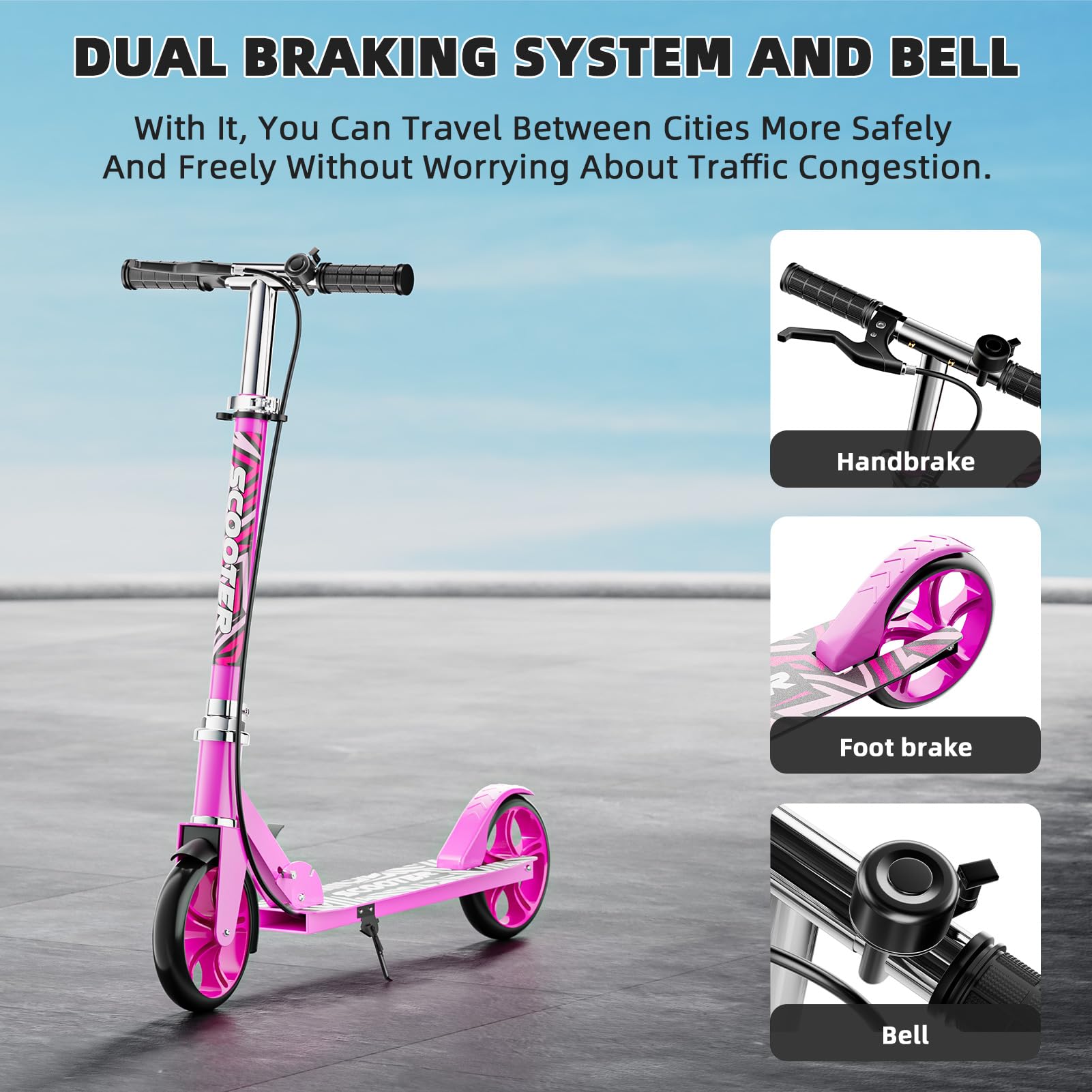 Scooters for Kids 8-12, Teens & Adults - Lightweight, Foldable, 8-Inch Big Wheels, Hand Brake & Bell, 4 Adjustable Height Levels, 240 lbs Max Load, Perfect for School, Campus and Park Rides, Pink