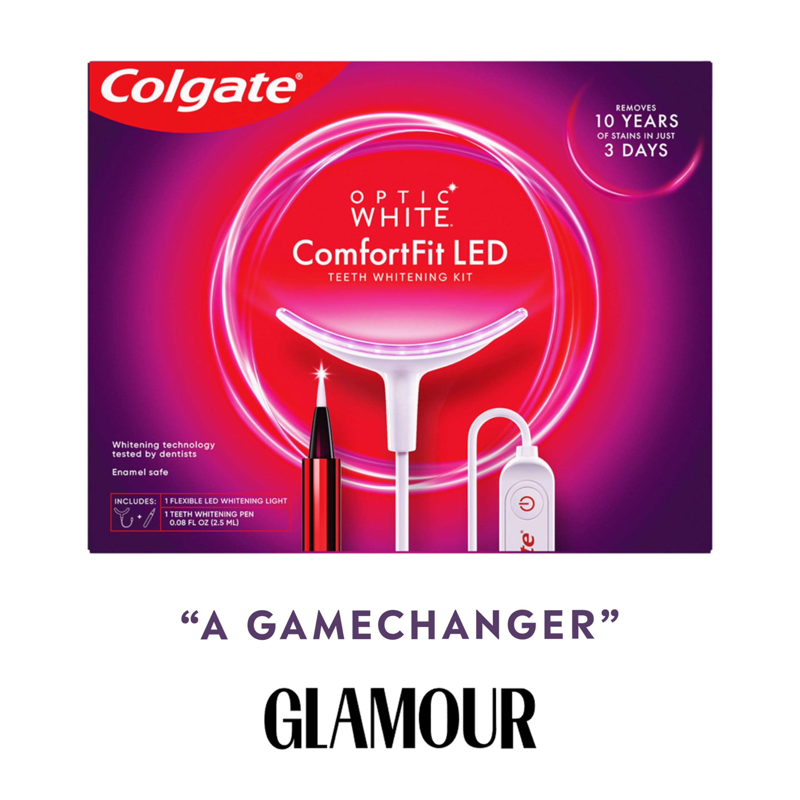 Colgate Optic White ComfortFit Teeth Whitening Kit with LED Light and Whitening Pen, LED Teeth Whitening Kit, Enamel Safe, Works with iPhone and Android