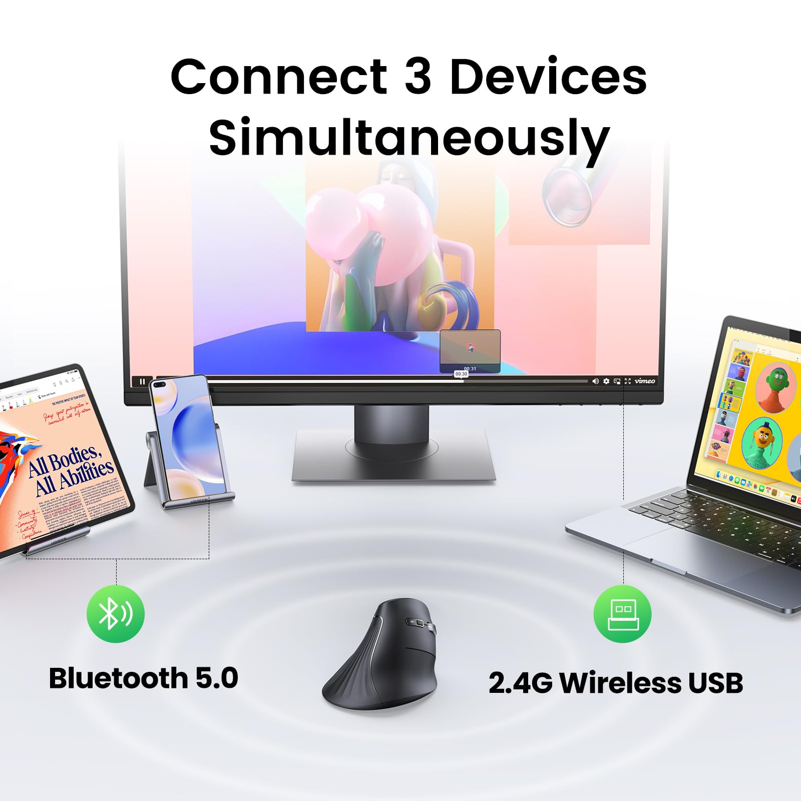 UGREEN Vertical Mouse Wireless (Bluetooth 5.0+2.4G) Ergonomic Mouse with 5 Buttons, 1000/1600/2000/4000 DPI, Prevention of Mouse Arm, Vertical Mouse Compatible with PC/Laptop/Tablet, Black