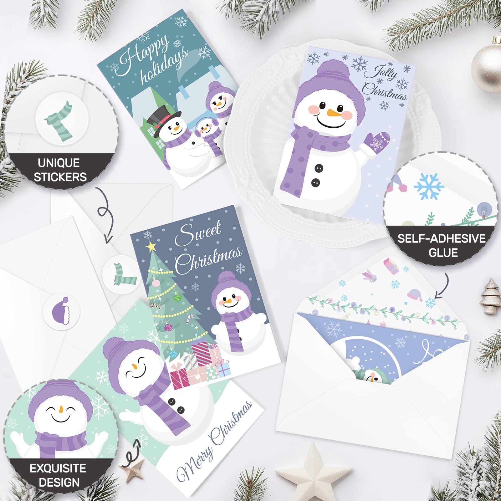 Wakeys 24 Pack Snowman Christmas Cards with Envelopes, Christmas Greeting Cards Bulk Xmas Cards Blank Happy Holiday Cards for Family, Kids, Friends - 4"x6"