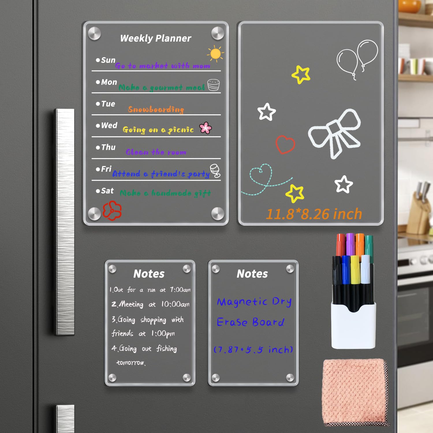 Naisidas Acrylic Magnetic Dry Erase Board for Fridge，Set of 4 Transparent Planning Boards Weekly Calendar, Notes Planning Board，Includes 8 Markers and Towel