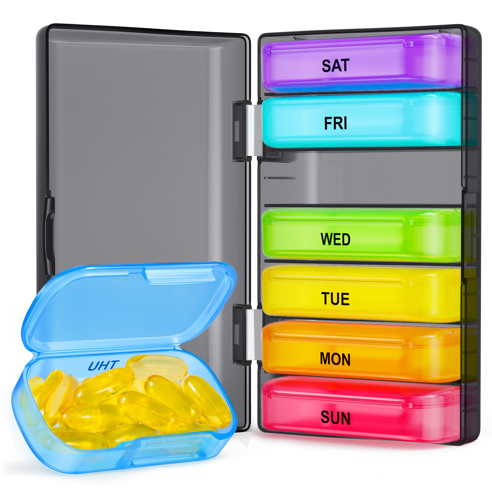 XL Weekly Pill Organizer with Dual Protection, ADERI Portable Pill Box 7 Day, Detachable Daily Pill Cases in Pocket Size for Purse, Pocket, Easy to Open Medicine Organizer to Hold Vitamins, Fish Oils