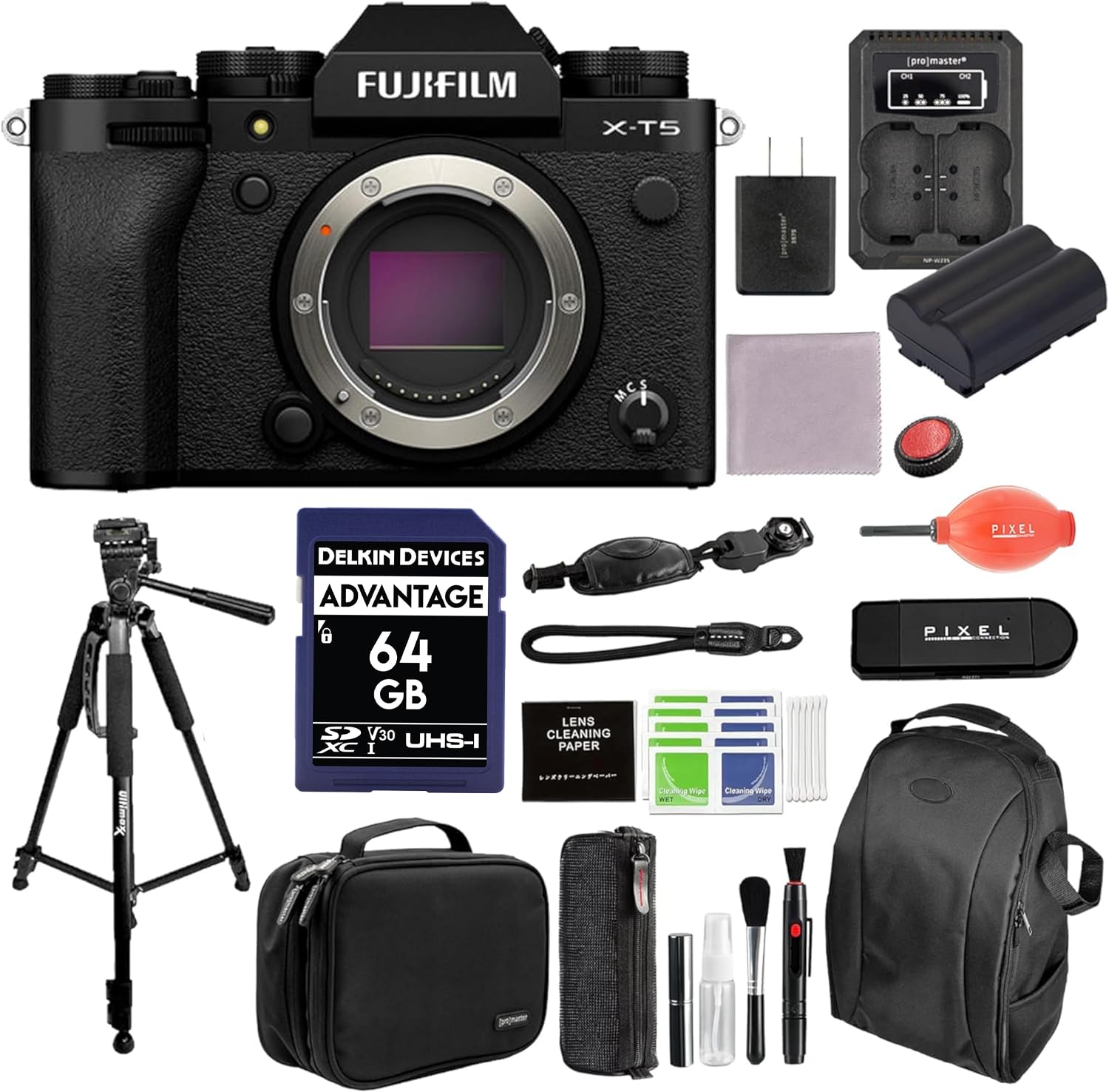 FUJIFILM X-T5 Mirrorless Camera (Black) Bundle with Extra Battery & Charger Kit, Tripod, Backpack, Camera Case & More (14 Items) | USA Authorised with Fujifilm Warranty | xt5