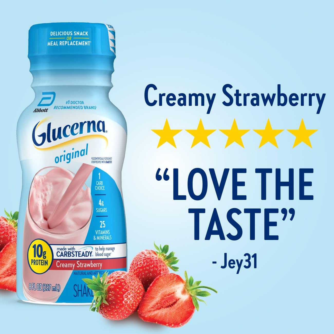 Glucerna Original Nutritional Shake, Diabetic Drink to Support Blood Sugar Management, 10g Protein, 180 Calories, Creamy Strawberry, 8-fl-oz Bottle, 6 Count