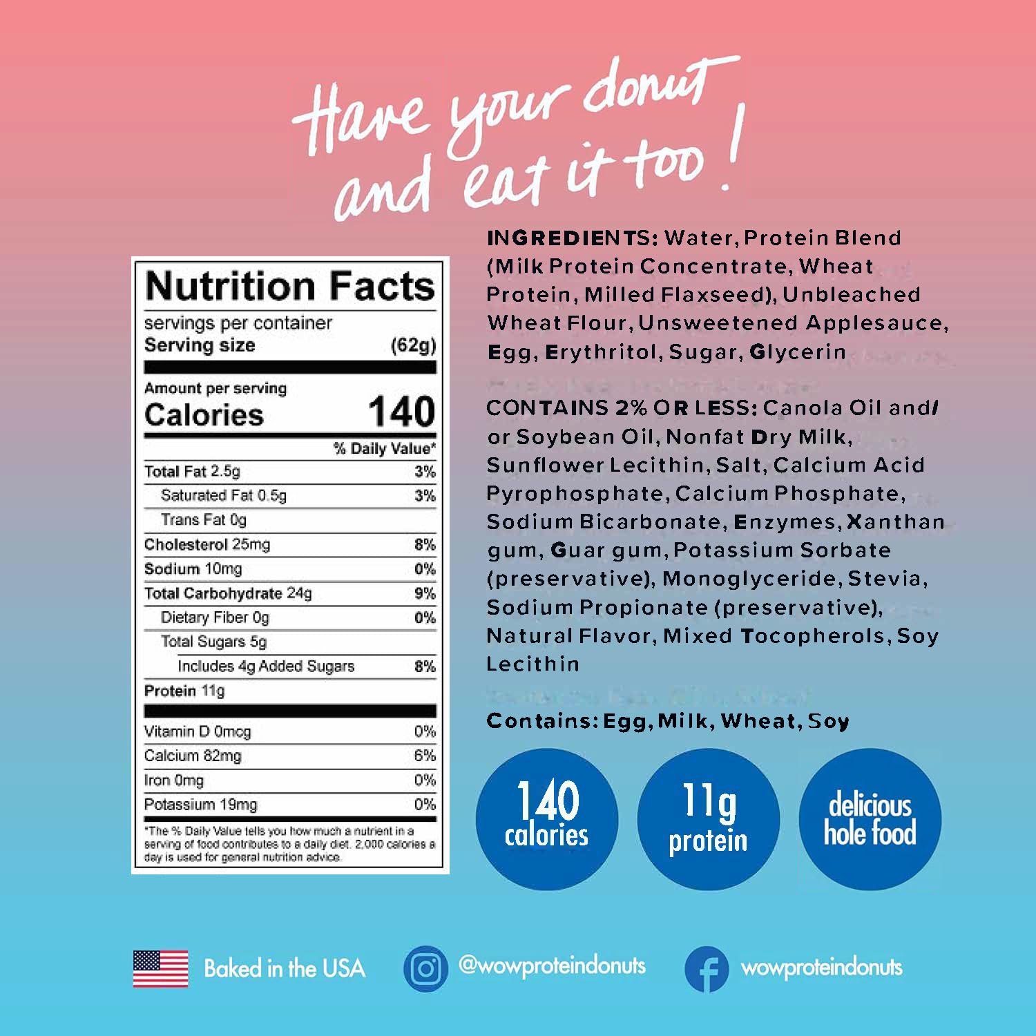 Wow! Protein Donuts, High Protein Snacks, Low Carb, Low Calorie, & Low Sugar, Healthy Snack with 11g of Protein (Cake Batter, 4 Pack)