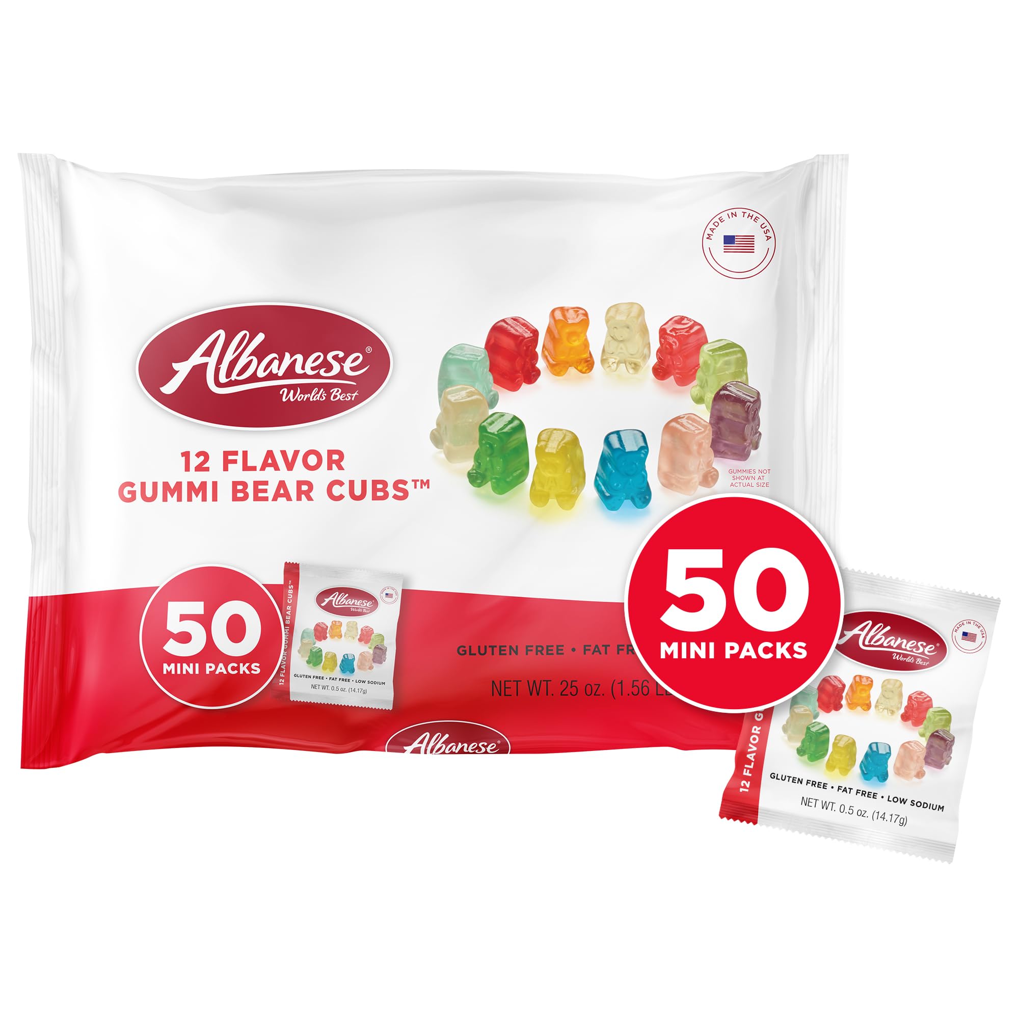 Albanese World's Best Gummi Snack Packs, 12 Flavor Gummi Bear Cubs, 50 - 0.5oz Mini Packs of Candy, Individual Soft & Chewy Candy Snacks