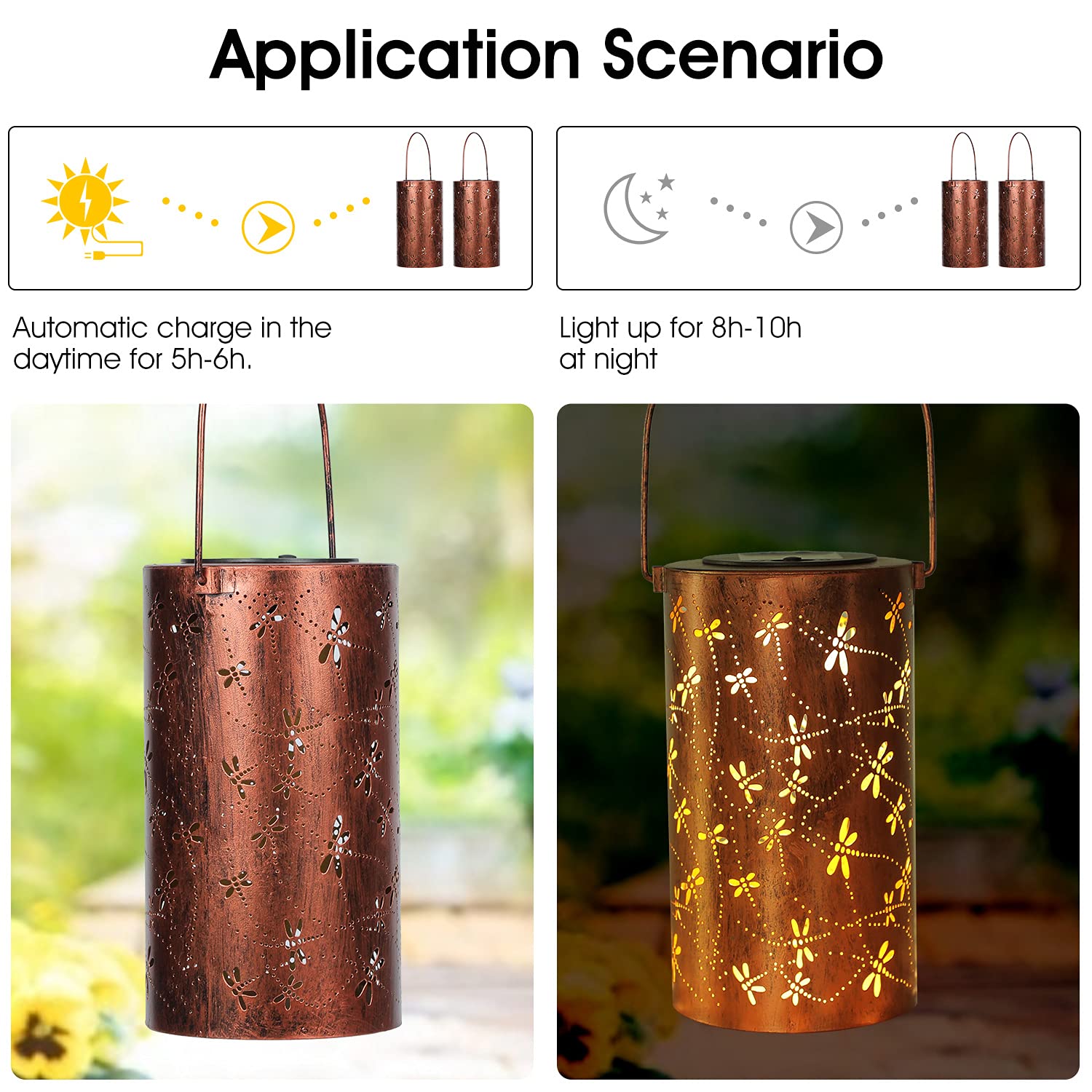 Solar Lanterns Outdoor Hanging Lantern Lights, Dragonfly Hollowed-Out Metal Decor Lantern, Waterproof LED Decorative Garden Light - Delicate Garden Decoration for Patio, Yard, Pathway, Landscape